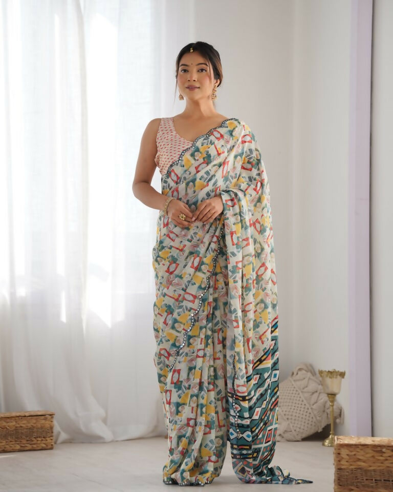 Off White Chinon Designer Digital Printed & Mirror Cut Work Saree - Kriti