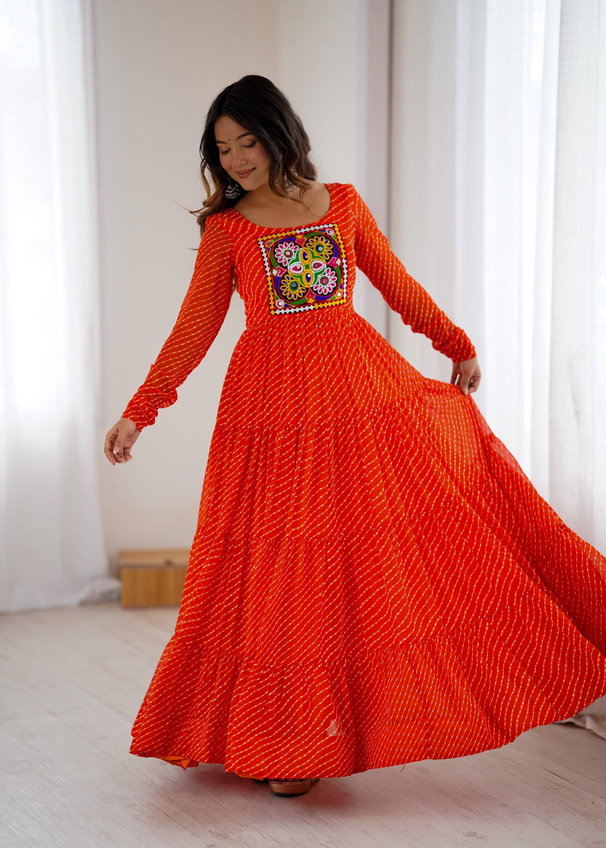 Lorenvalley Fashion Women Pure Soft Faux Georgette Leheriya Print Anarkali Gown 