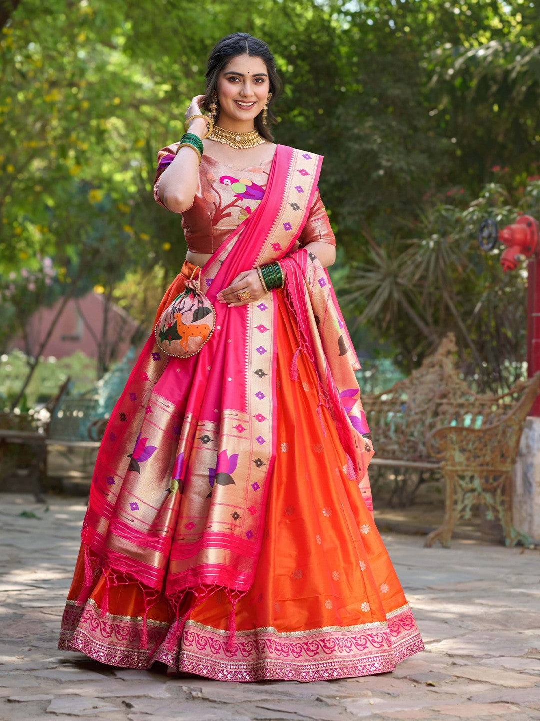 Lorenvalley Orange Jacquard Silk Paithani Weaving Zari Lehenga Choli with Dupatta 