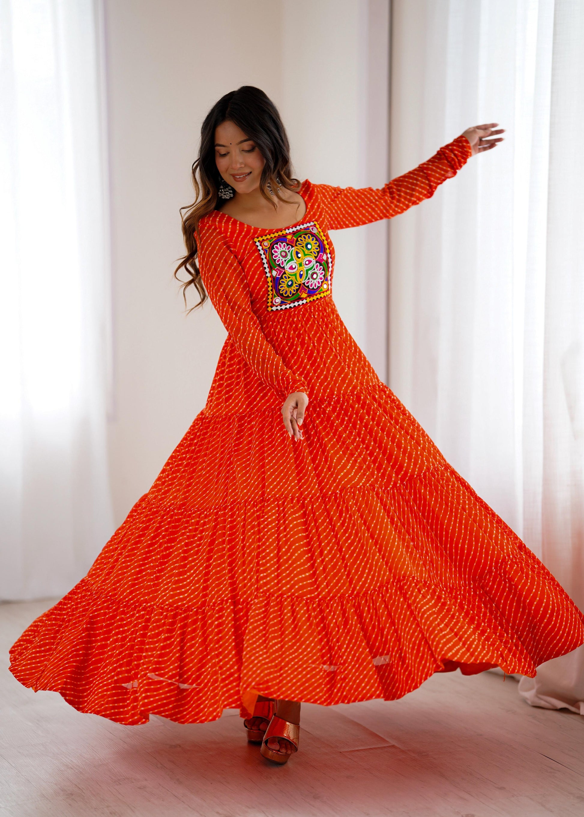 Lorenvalley Fashion Women Pure Soft Faux Georgette Leheriya Print Anarkali Gown 