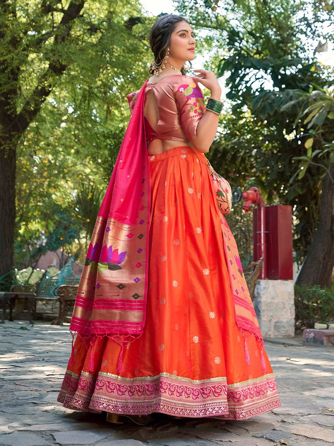 Lorenvalley Orange Jacquard Silk Paithani Weaving Zari Lehenga Choli with Dupatta 