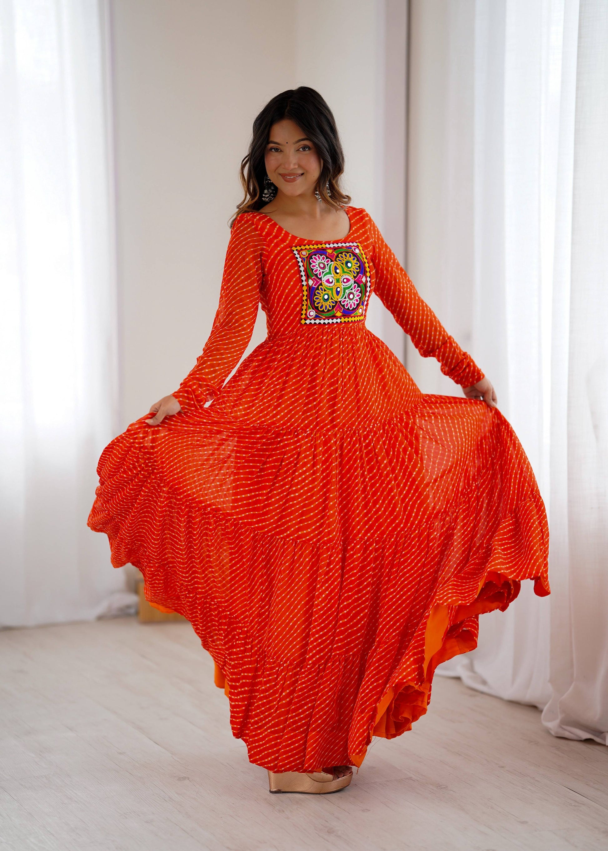 Lorenvalley Fashion Women Pure Soft Faux Georgette Leheriya Print Anarkali Gown 