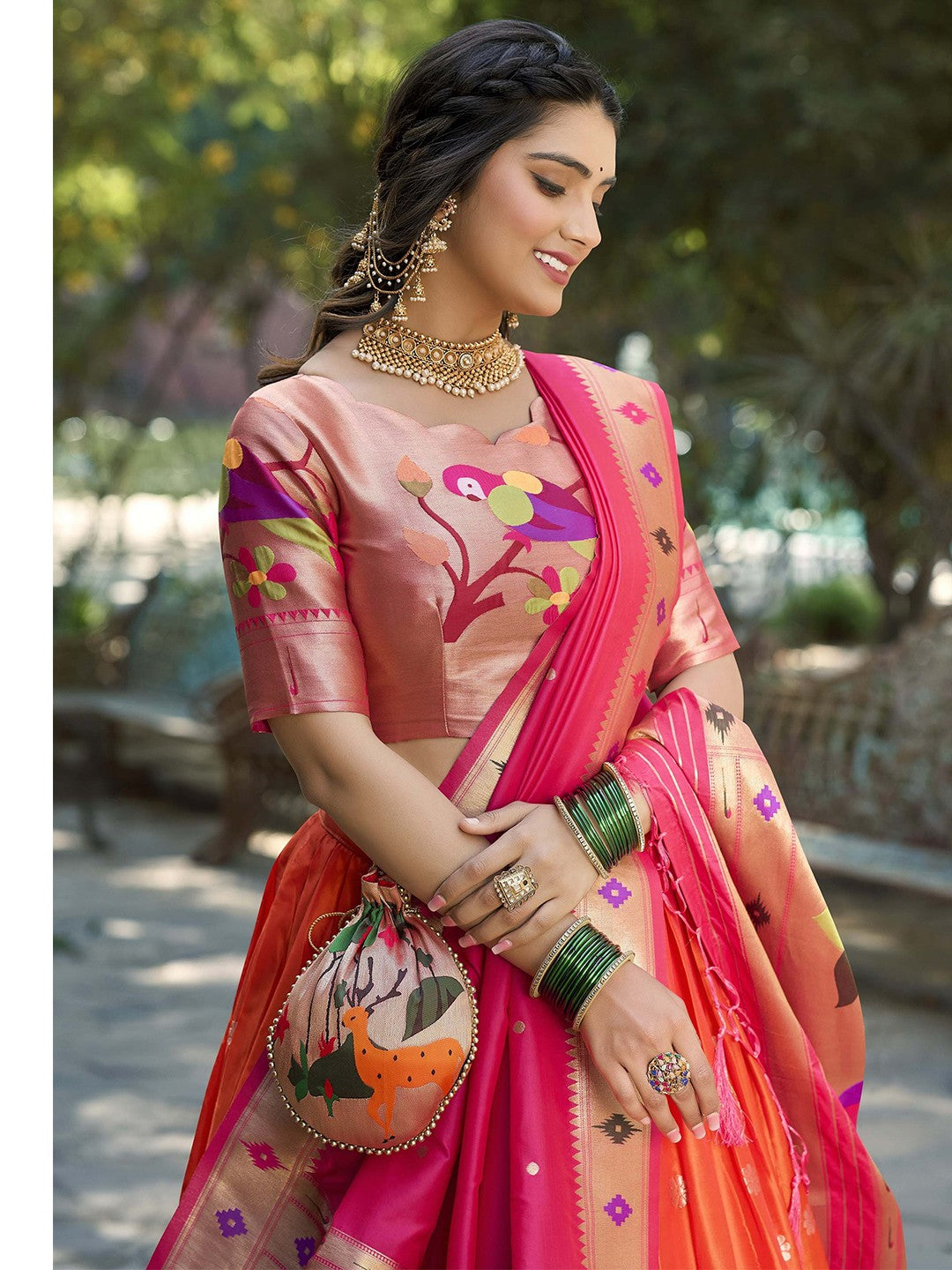 Lorenvalley Orange Jacquard Silk Paithani Weaving Zari Lehenga Choli with Dupatta 