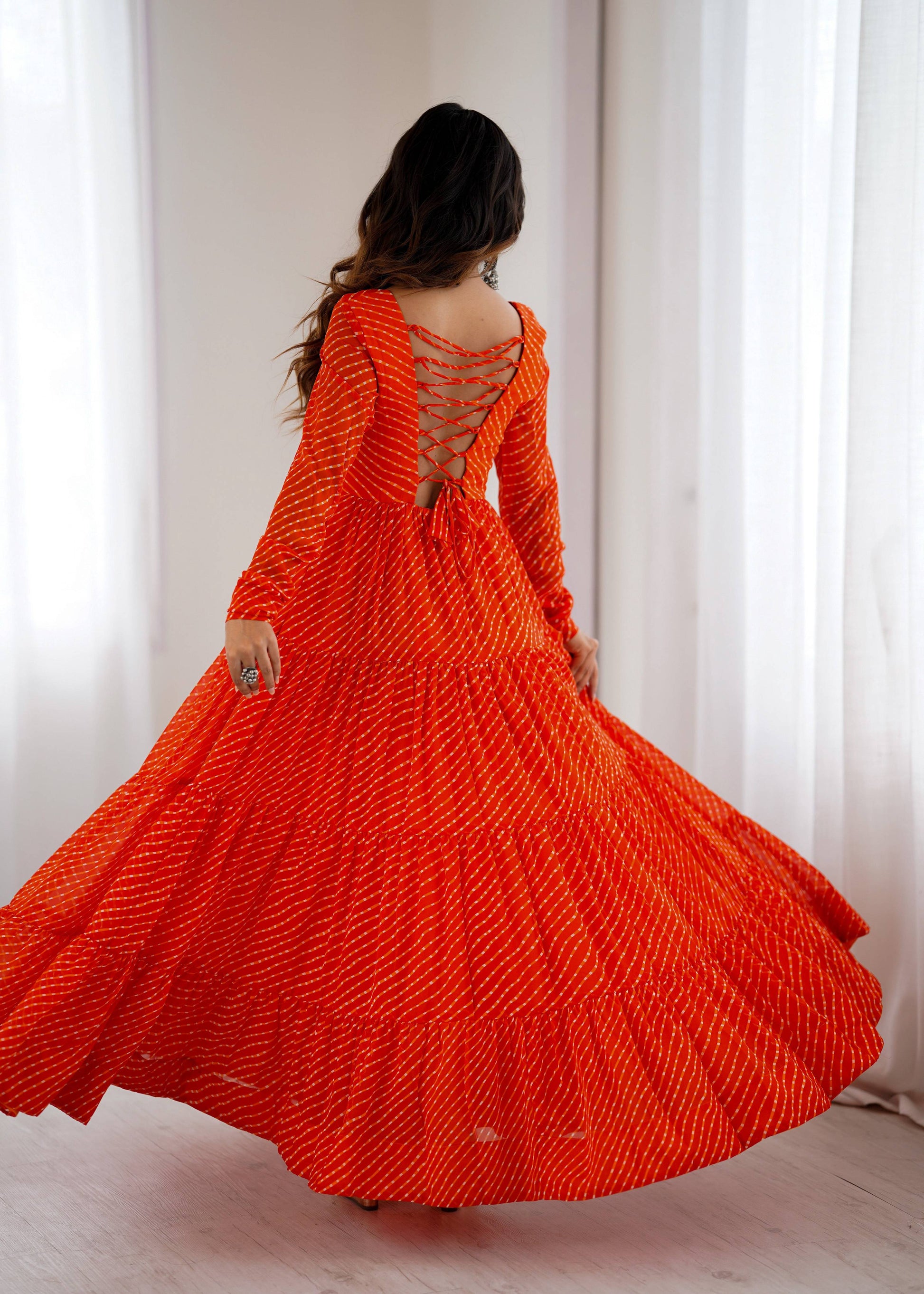 Lorenvalley Fashion Women Pure Soft Faux Georgette Leheriya Print Anarkali Gown 