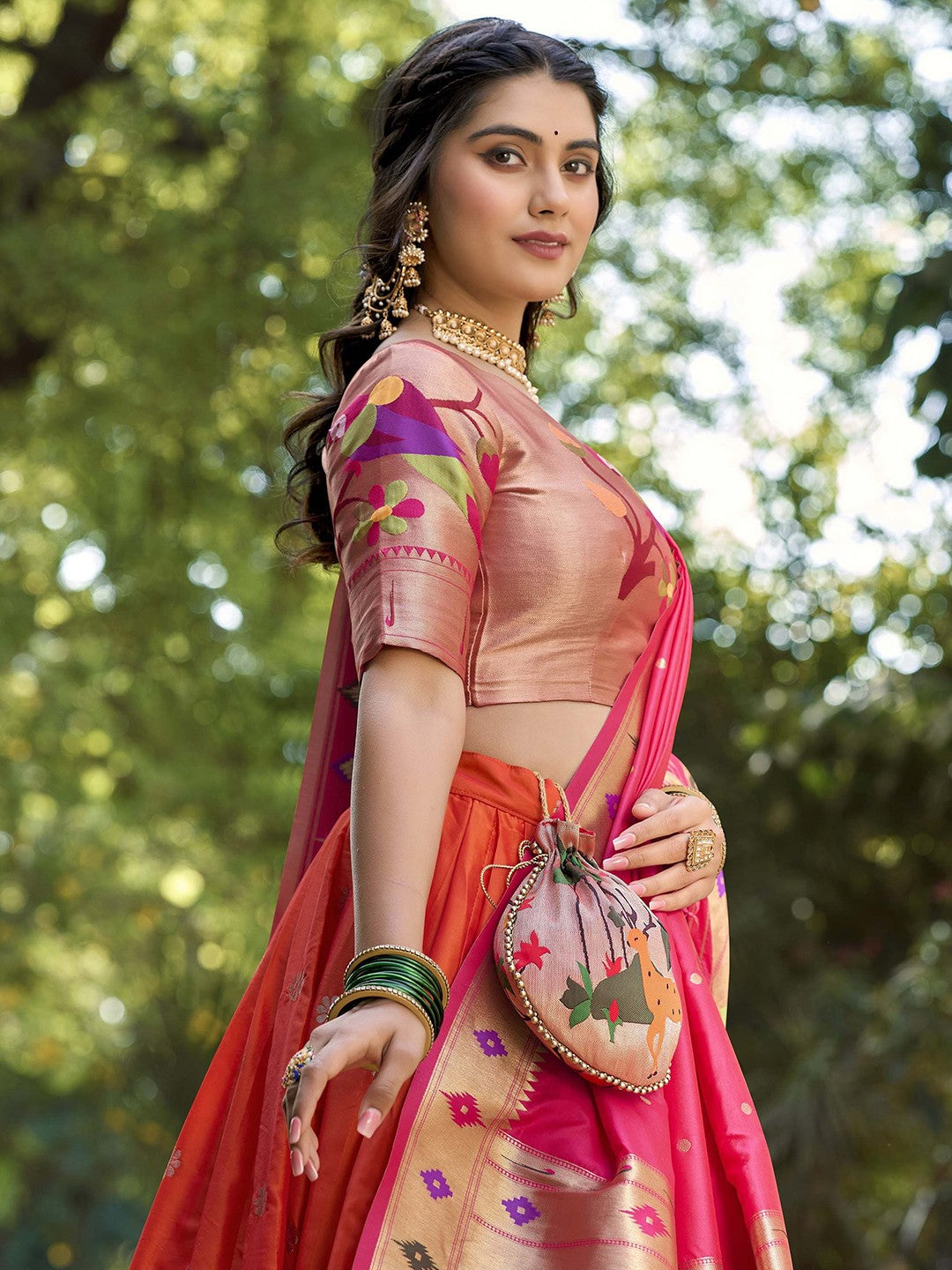 Lorenvalley Orange Jacquard Silk Paithani Weaving Zari Lehenga Choli with Dupatta 