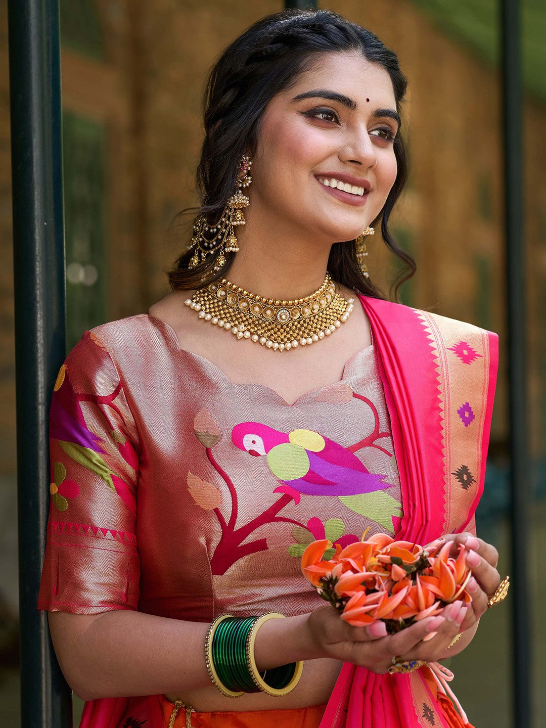 Lorenvalley Orange Jacquard Silk Paithani Weaving Zari Lehenga Choli with Dupatta 