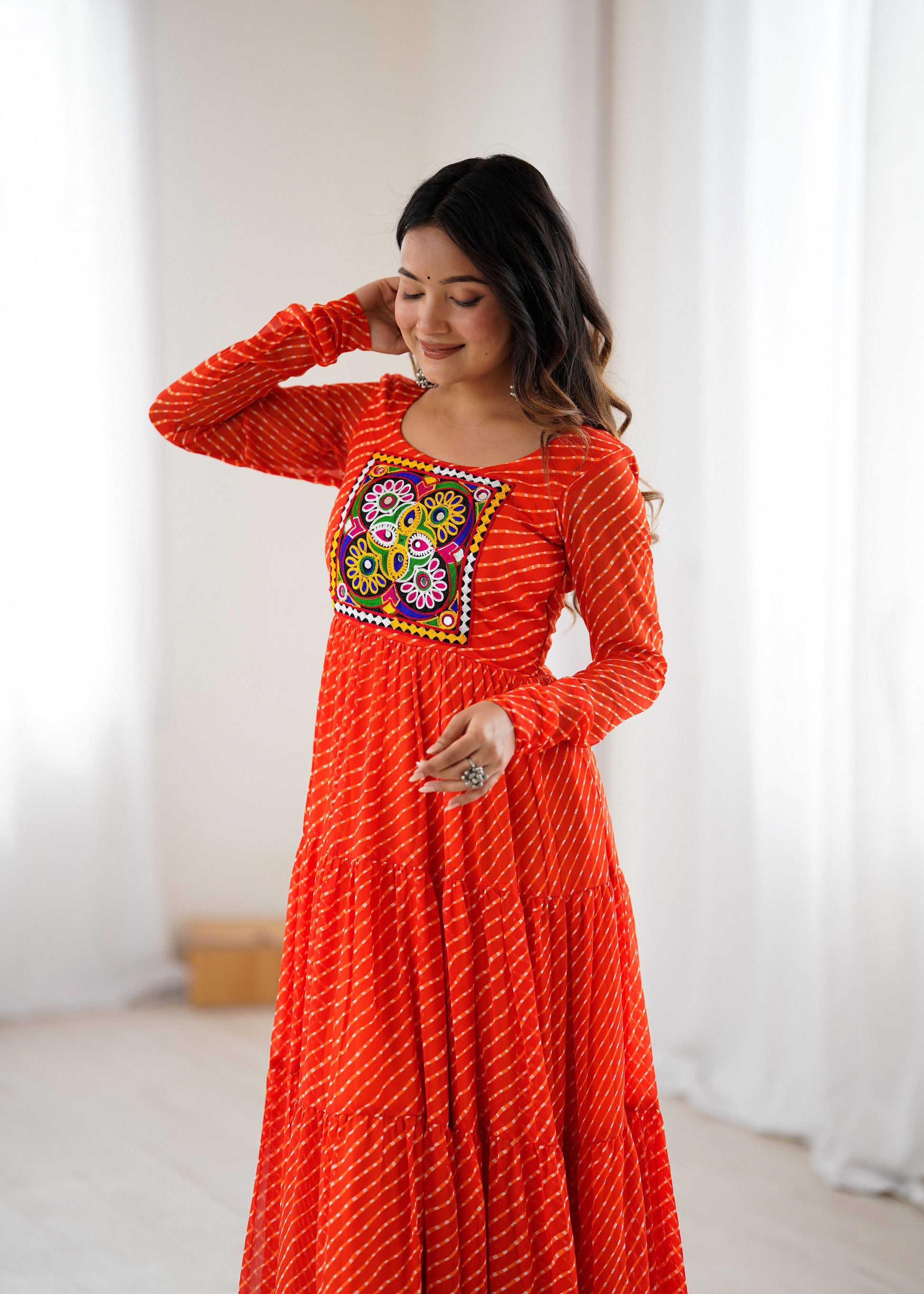 Lorenvalley Fashion Women Pure Soft Faux Georgette Leheriya Print Anarkali Gown 