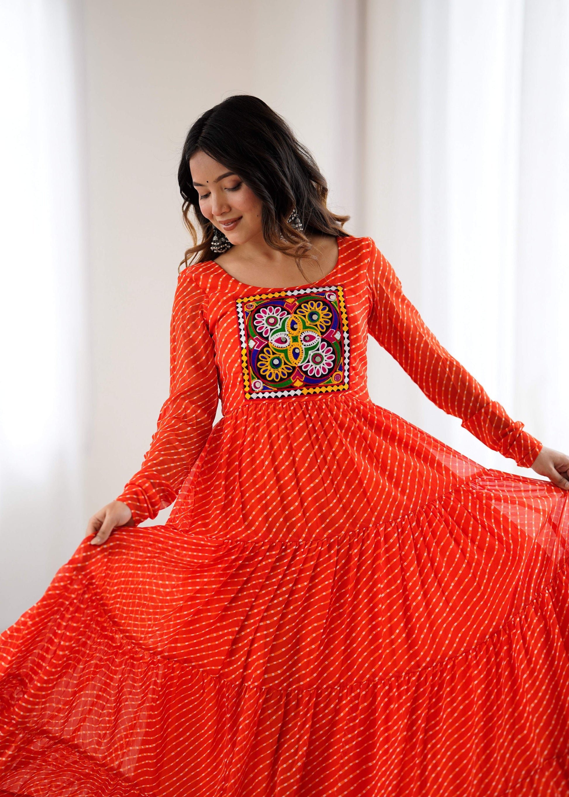 Lorenvalley Fashion Women Pure Soft Faux Georgette Leheriya Print Anarkali Gown 