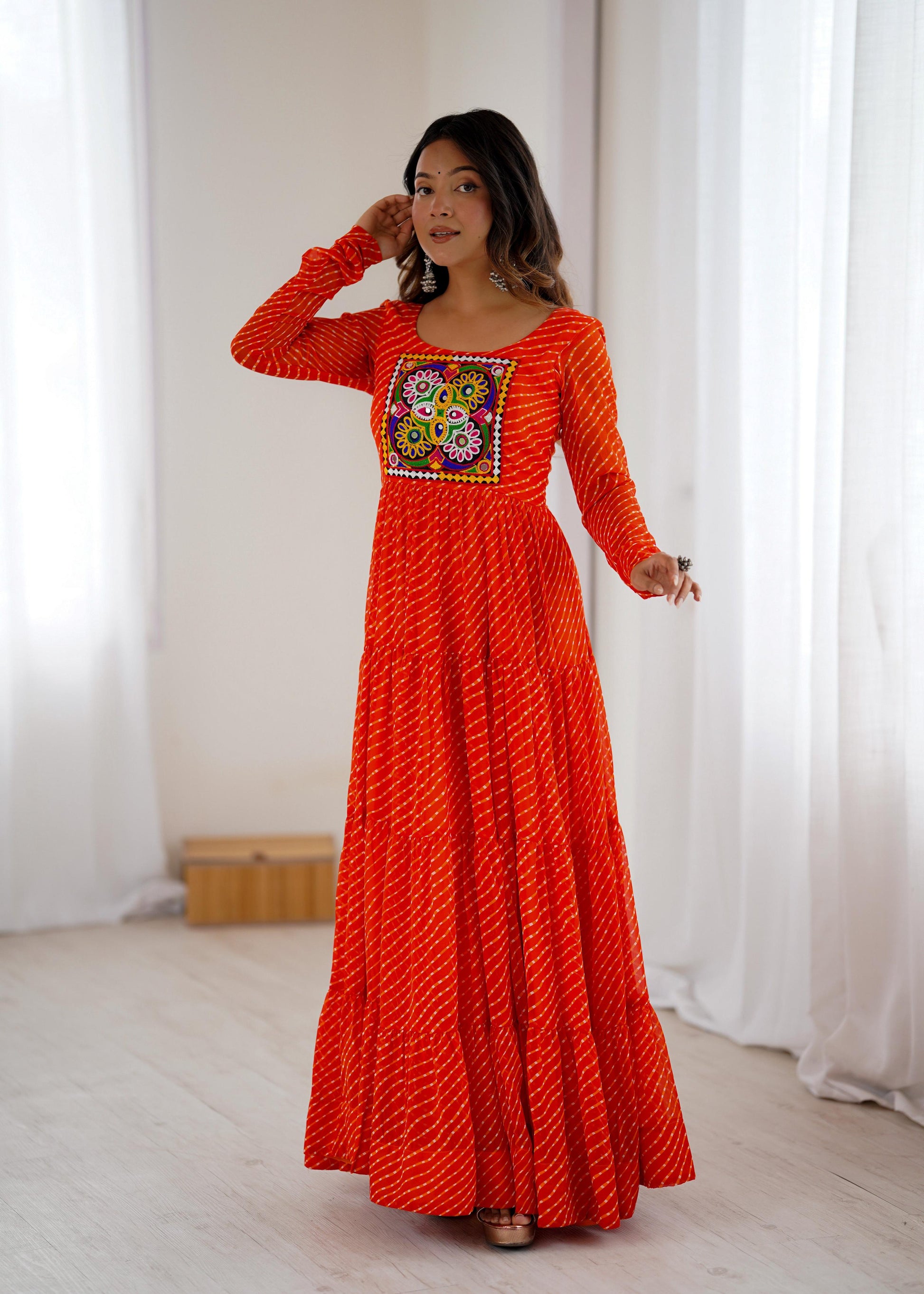 Lorenvalley Fashion Women Pure Soft Faux Georgette Leheriya Print Anarkali Gown 