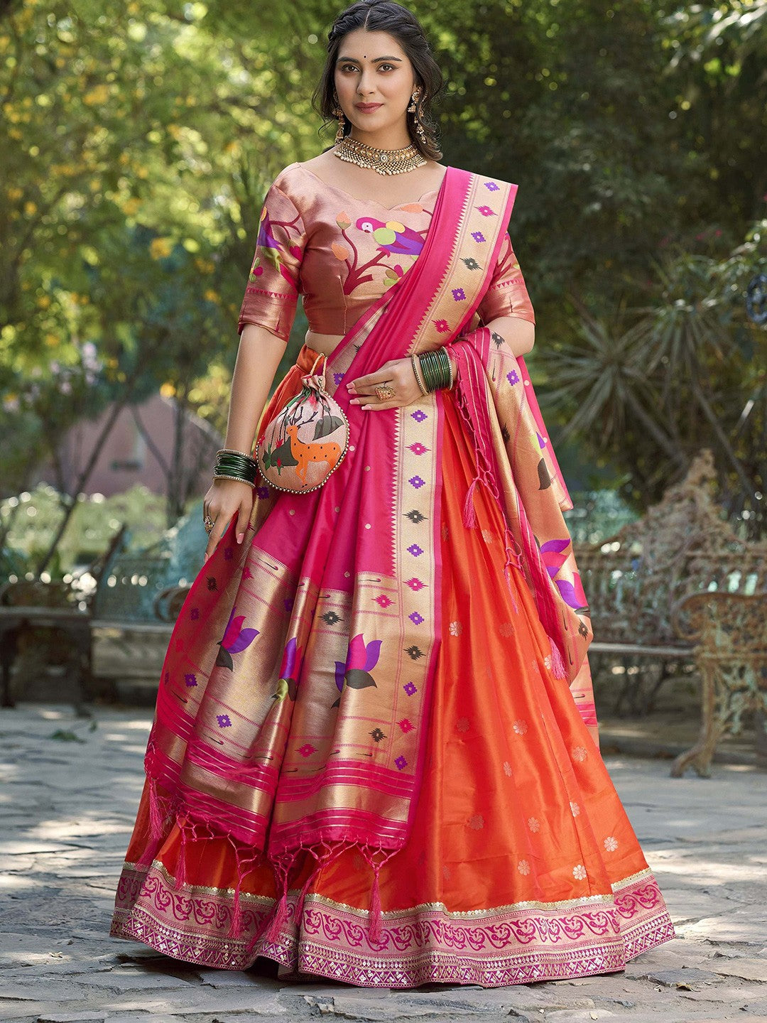 Lorenvalley Orange Jacquard Silk Paithani Weaving Zari Lehenga Choli with Dupatta 
