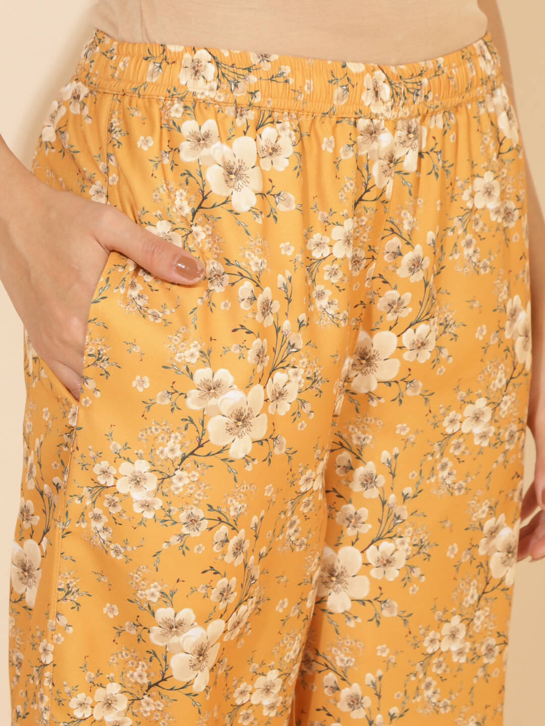 Janasya Women's Mustard Moss Floral Printed Casual Front Slit Co-ords 