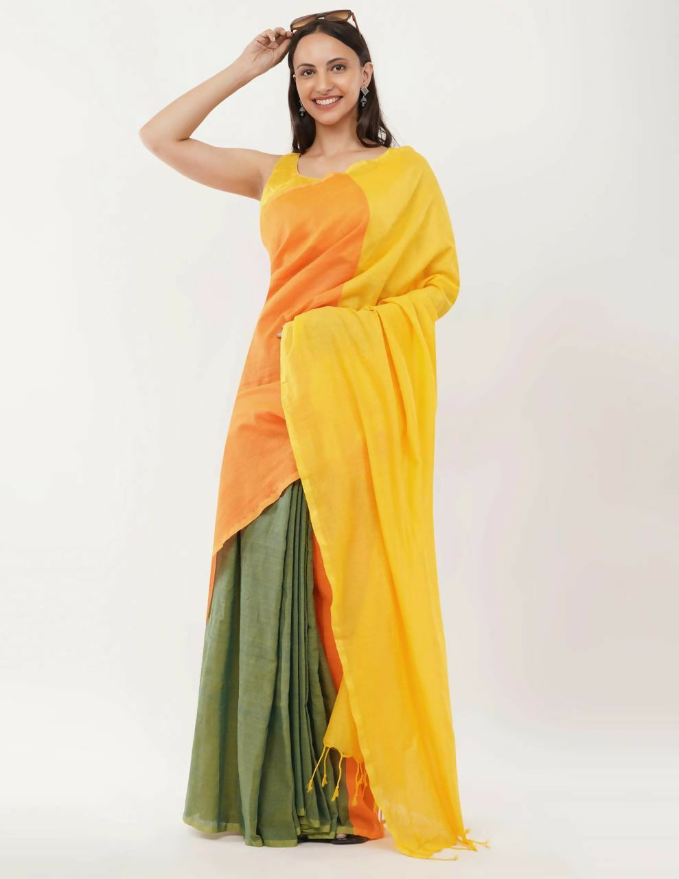 Exclusive Collection Beautiful Khadi Cotton Yellow Orange Green Handloom Grab2Buy 