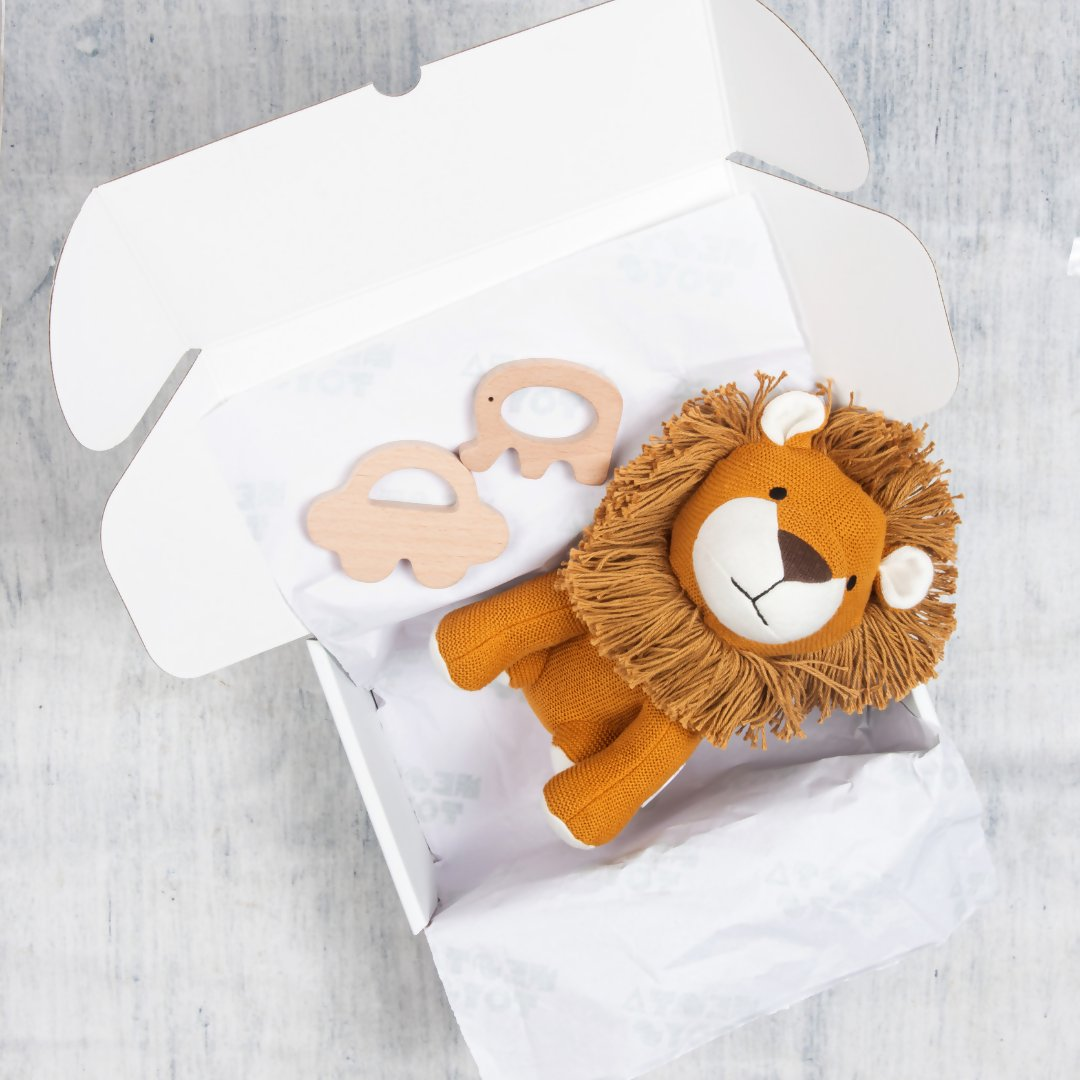 Nesta Toys Newborn Gift Set - Lion Plush Toy, Wooden Elephant & Car Teether
