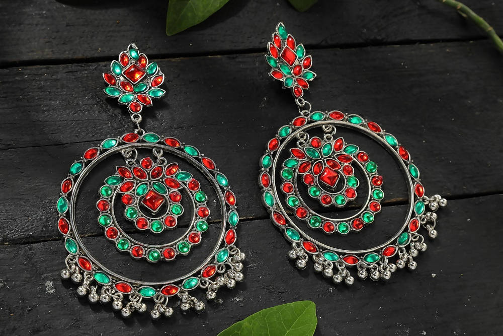 Mominos Fashion Johar Kamal Women's Red & Green Kundan Circles Earrings - Grab2buy