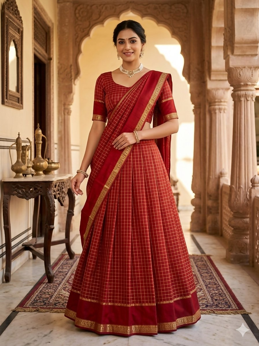 Teeya Creation New South Indian Silk Checked Half Saree Lehenga Choli with Zari Border-Orange