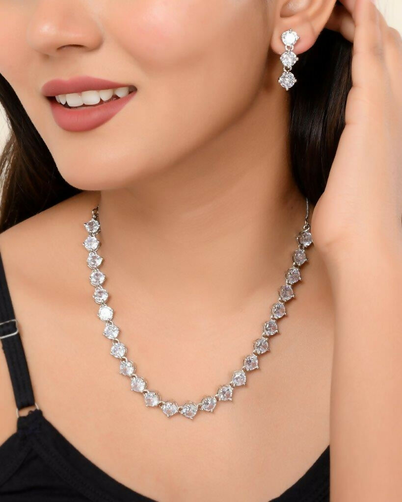 VOJ Silver Plated AD Studded Choker Jewellery Set 