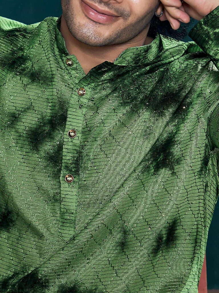 Green Viscose Designer Sequance Embroidery Work Men's Kurta Set - Mahotsav