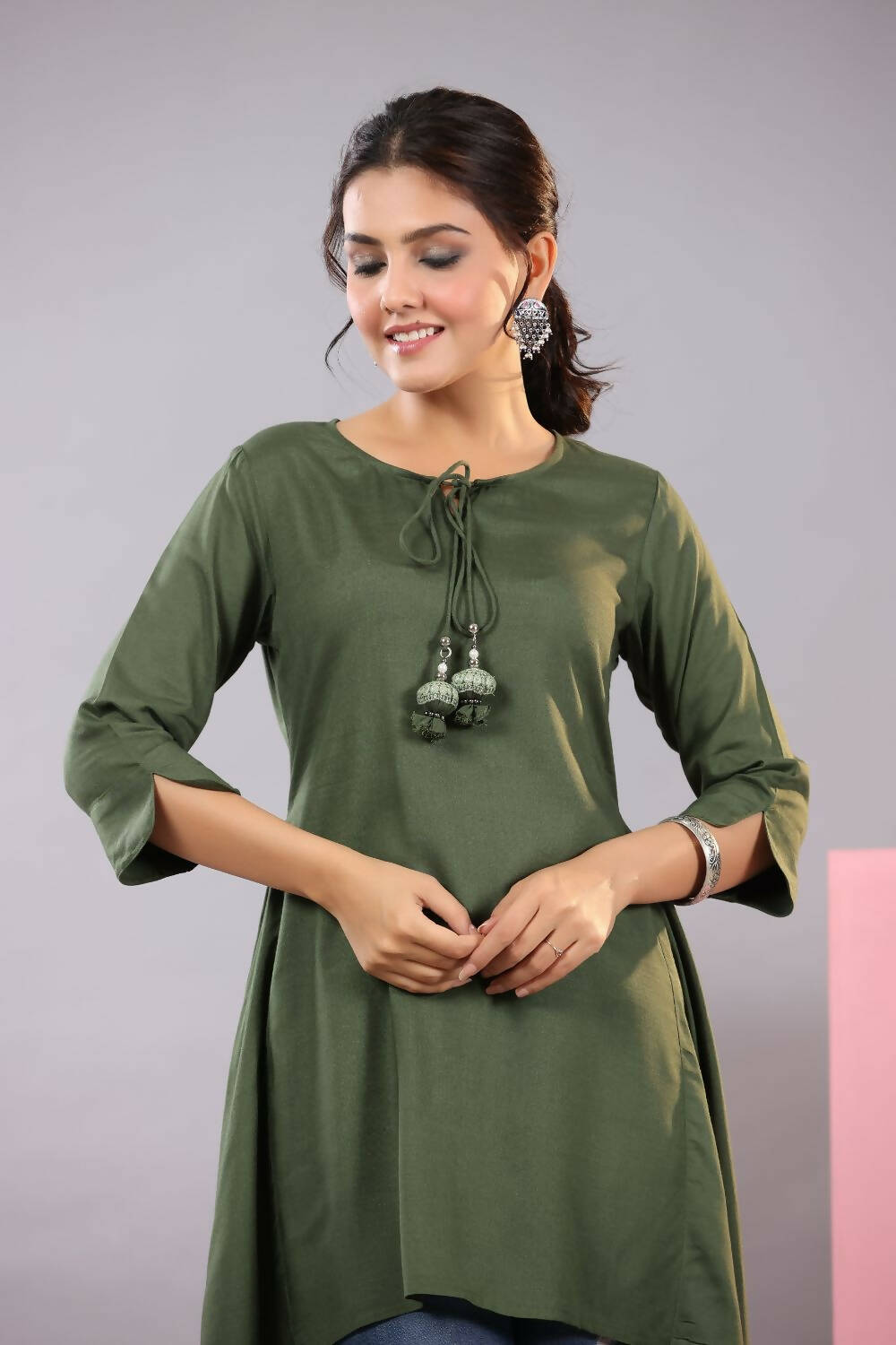 Juniper Women Olive Rayon Solid Asymmetric Kurta