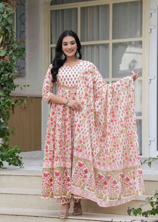 Jaimini Women Cotton Printed Round Neck Calf Length Flared Kurta Pant And Dupatta Set