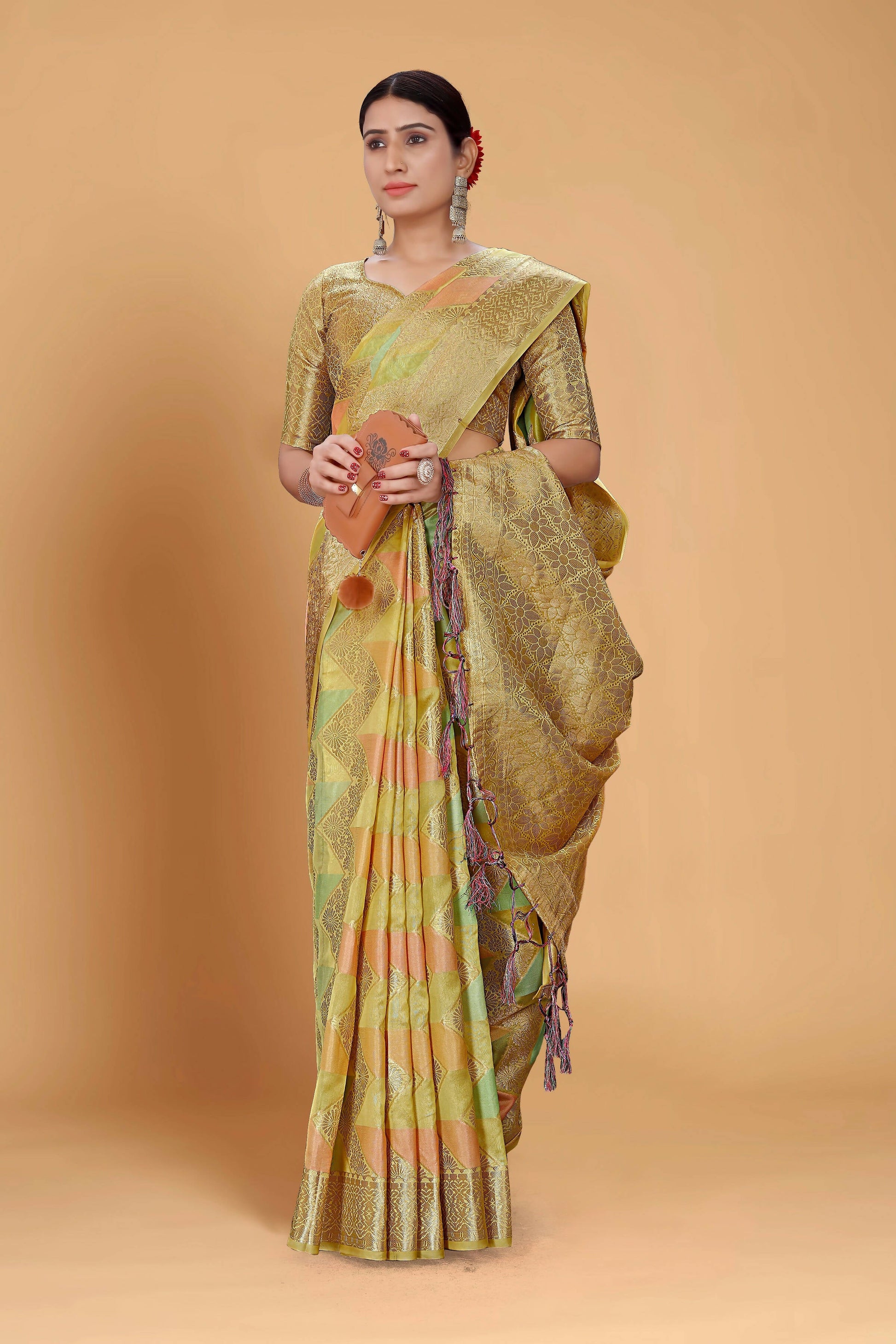 Pista Soft Organza Woven Design Saree With Unstitched Blouse Piece - Zaara