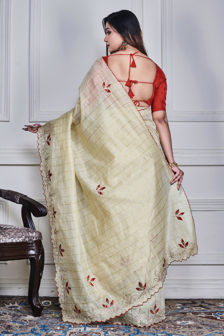 Morchari Beige Kota Check Zari Embroidery Saree Unstitched Blouse