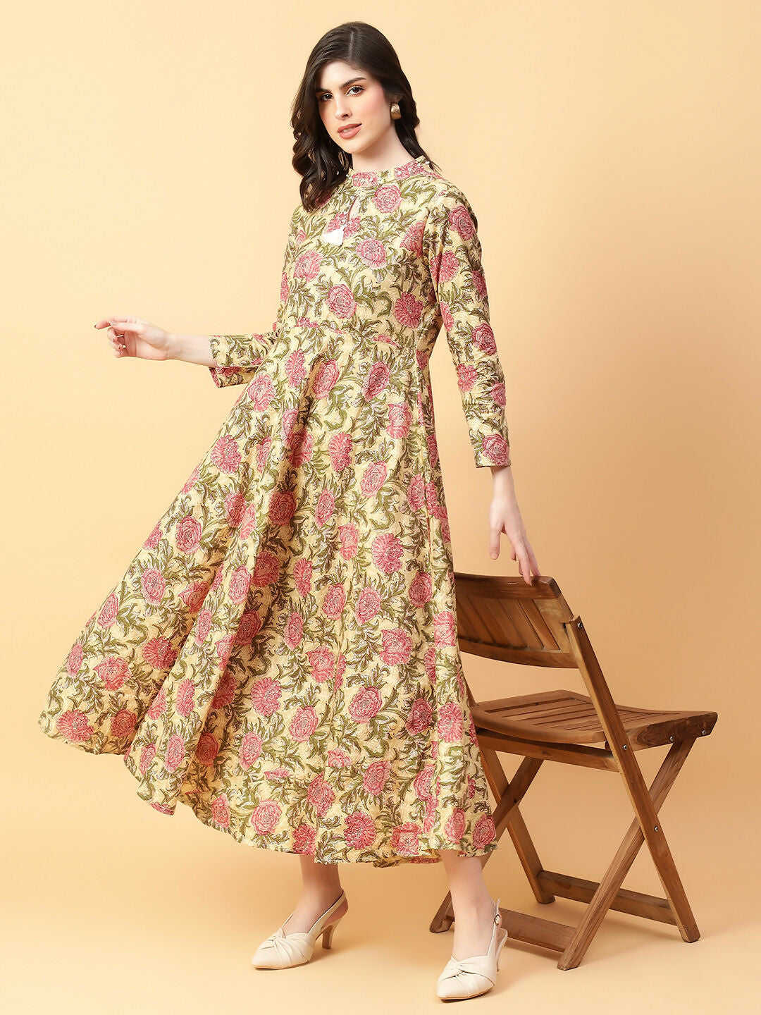 Joban Fashion Beige Cotton Printed & Hand Work Dress