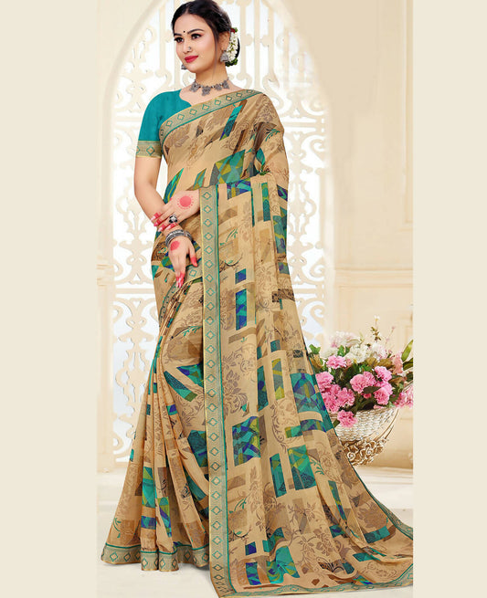 Beige Chiffon Brasso Printed Saree With Unstitched Blouse Piece - Jyoti