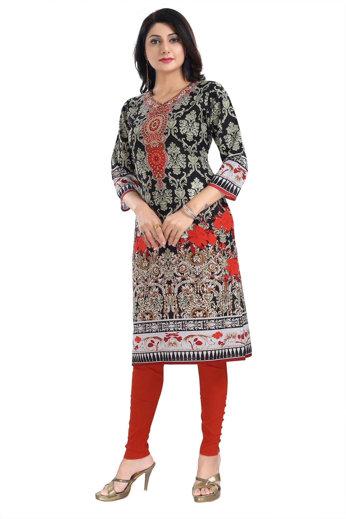 Snehal Creations Deep Black Designer Digital Print Cotton Slub Fabric Long Kurti Tunic
