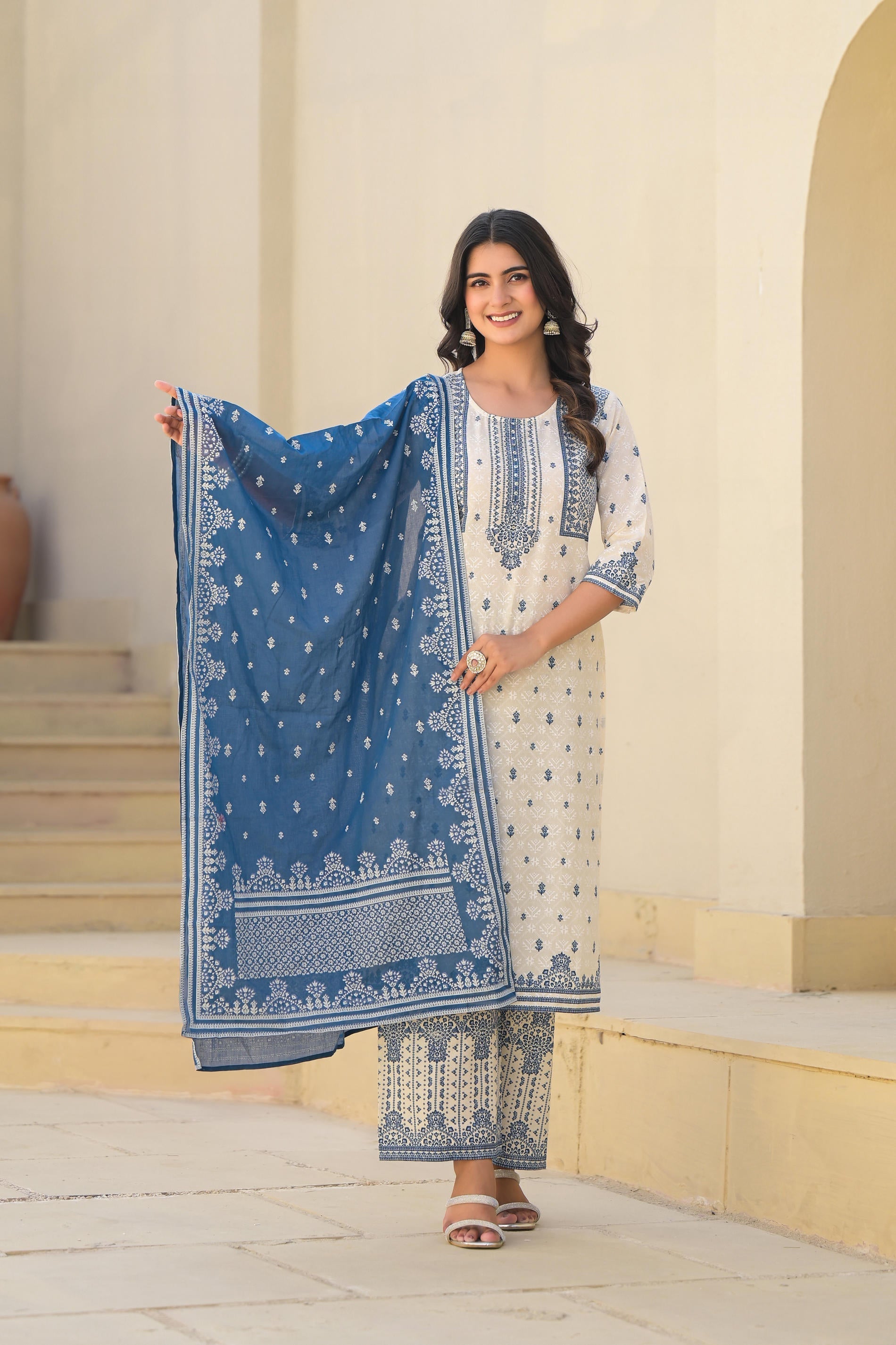 Juniper Ivory & Indigo Serenity Block Print Cotton Suit Set