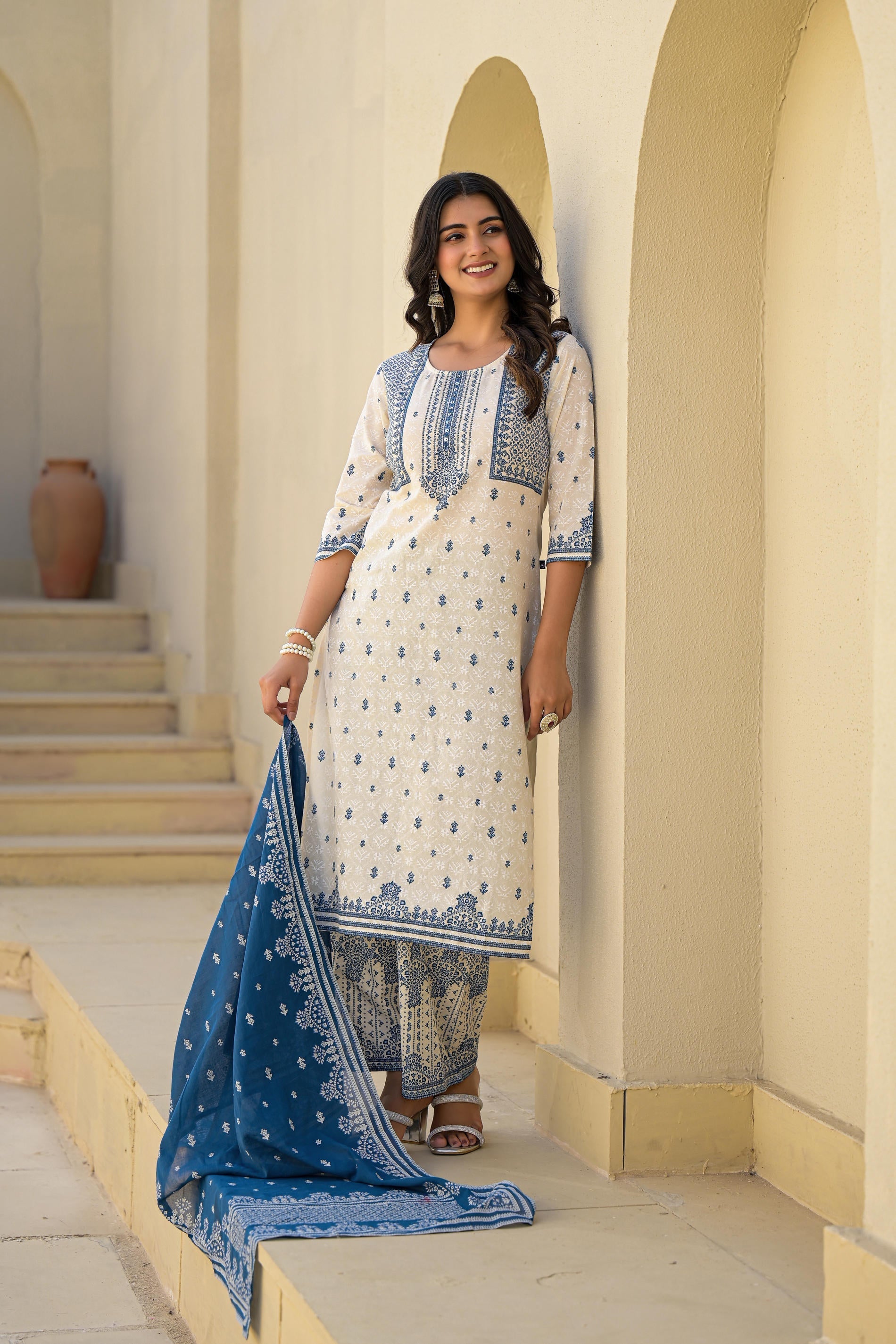 Juniper Ivory & Indigo Serenity Block Print Cotton Suit Set