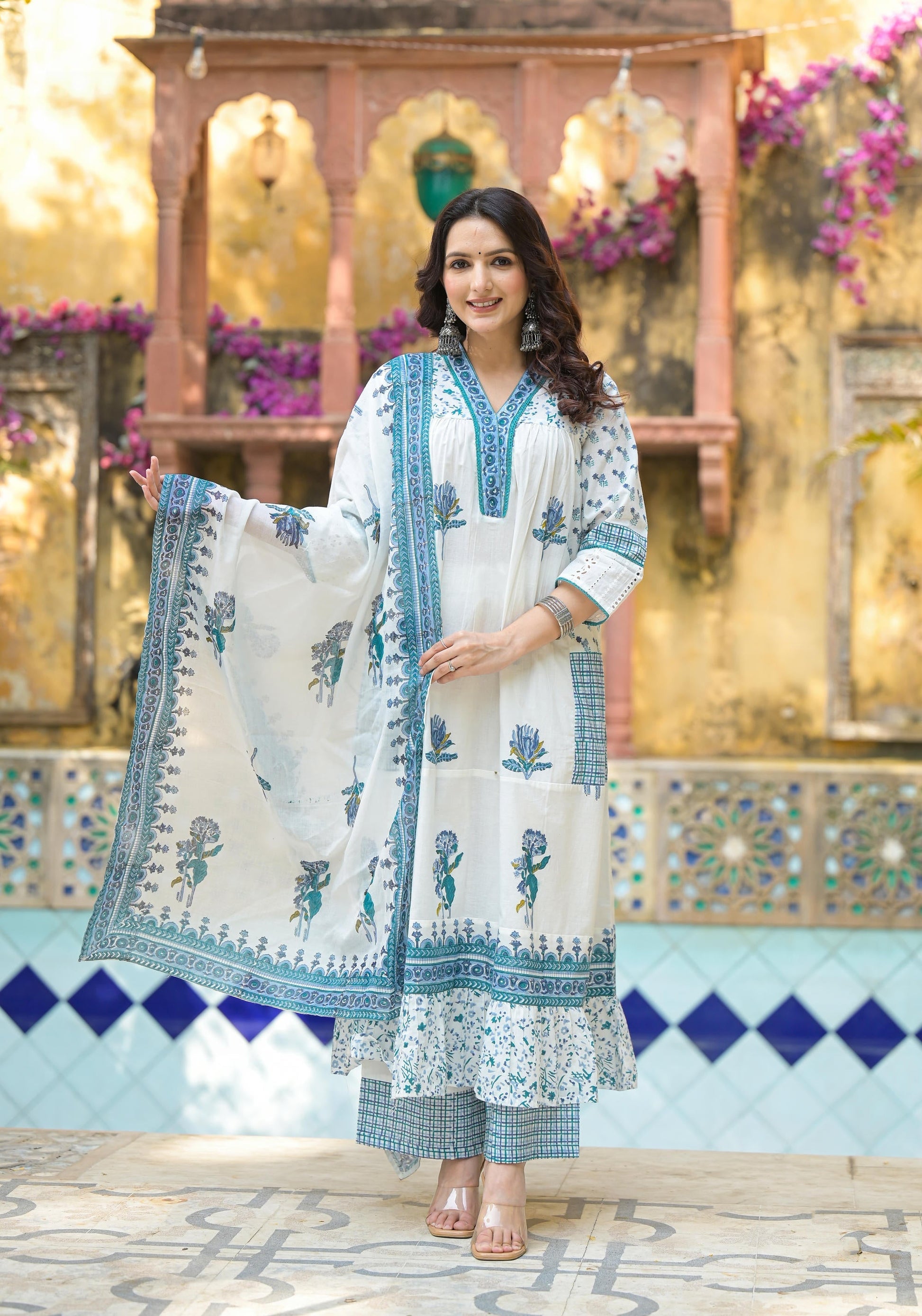 Juniper Women's White Floral Printed Cotton A-Line Kurta Pant And Dupatta Set