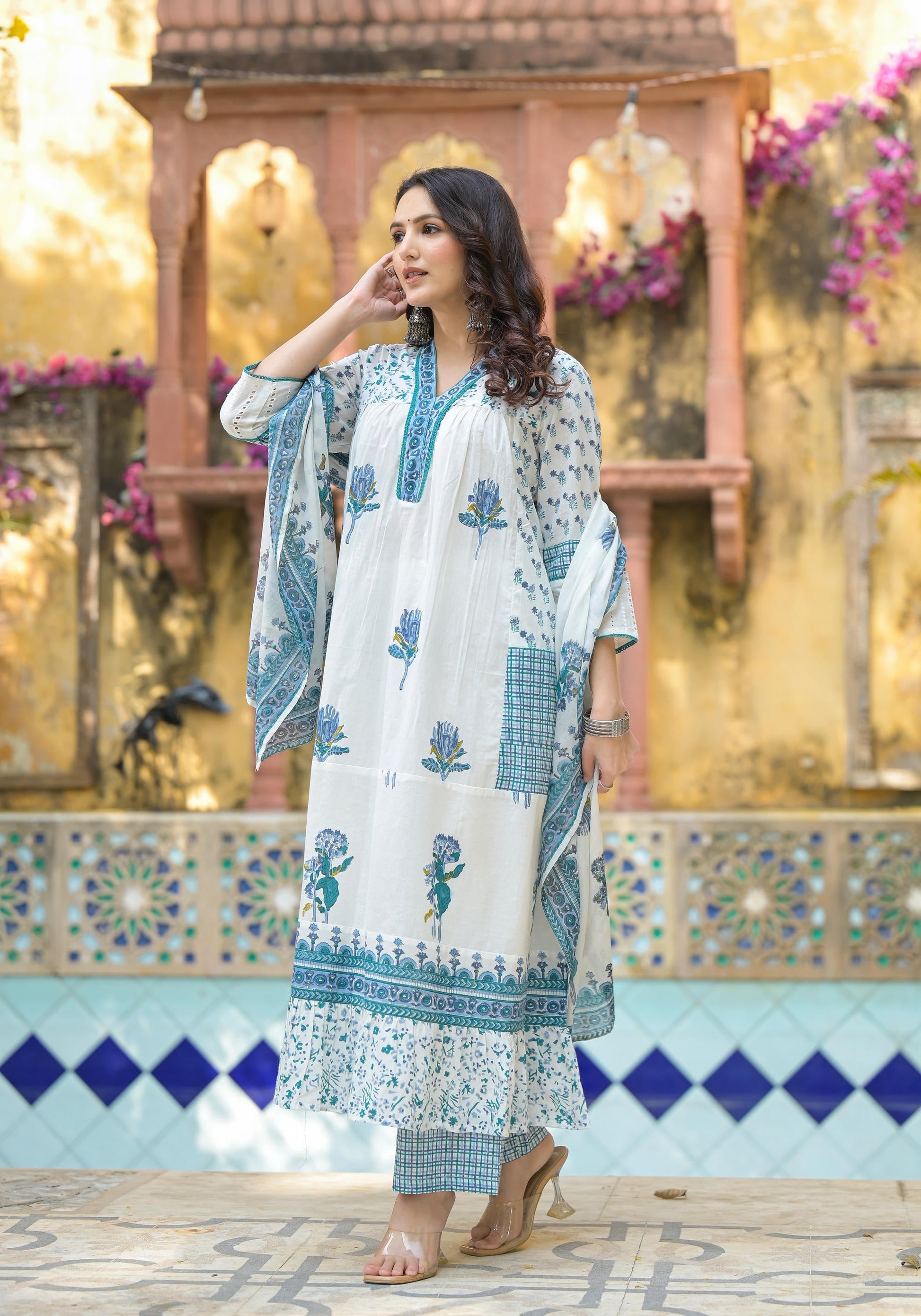 Juniper Women's White Floral Printed Cotton A-Line Kurta Pant And Dupatta Set
