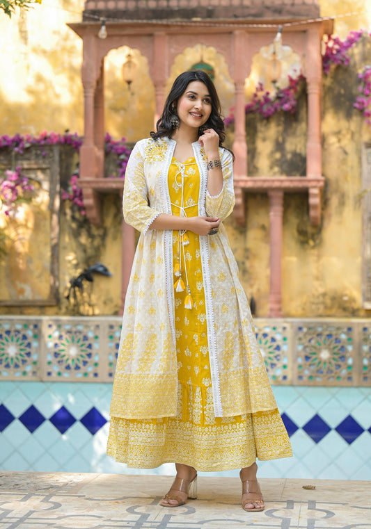 Juniper Women's Mustard Ethnic Motif Printed Cotton Kurta & Shrug With Doris