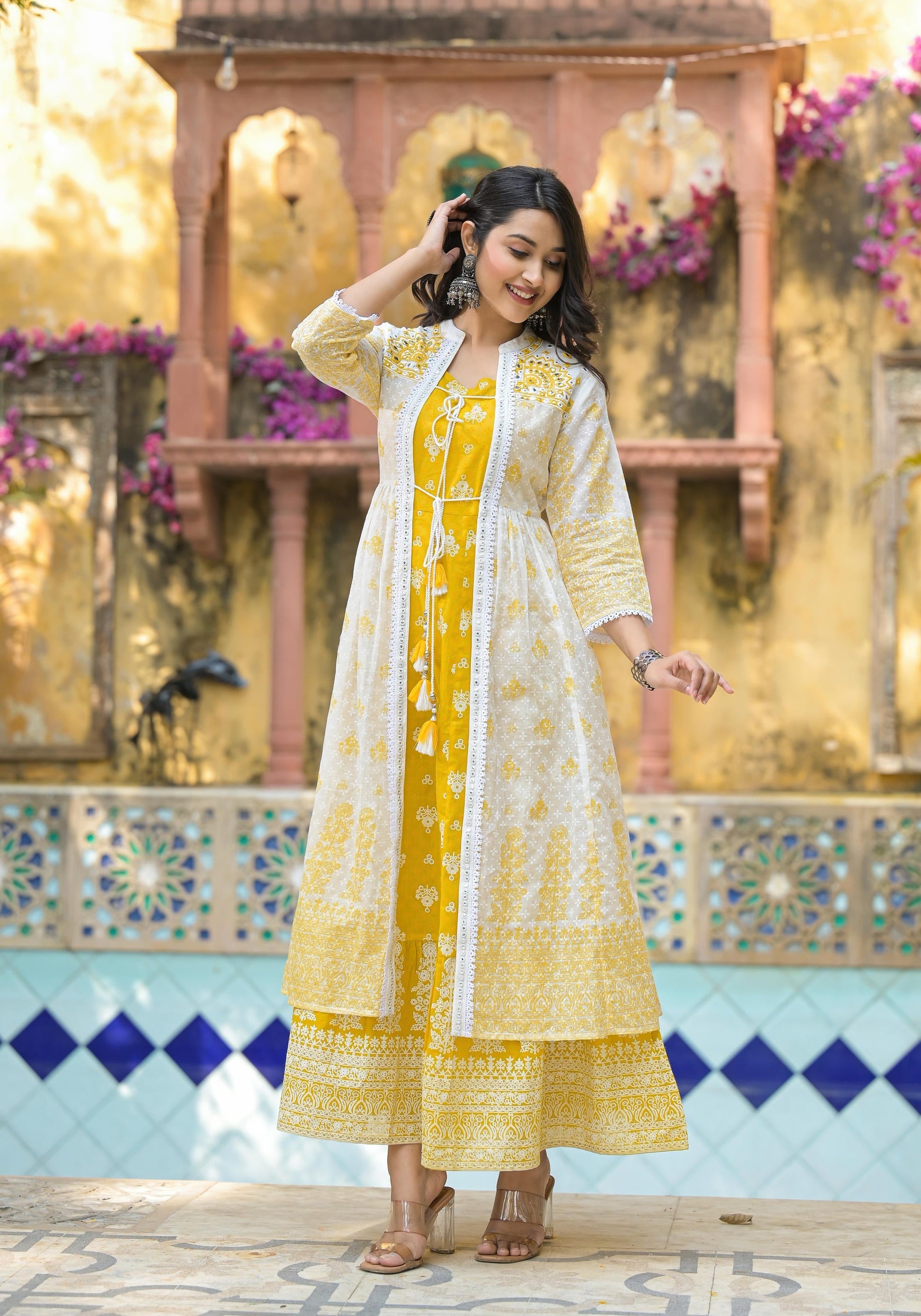 Juniper Women's Mustard Ethnic Motif Printed Cotton Kurta & Shrug With Doris