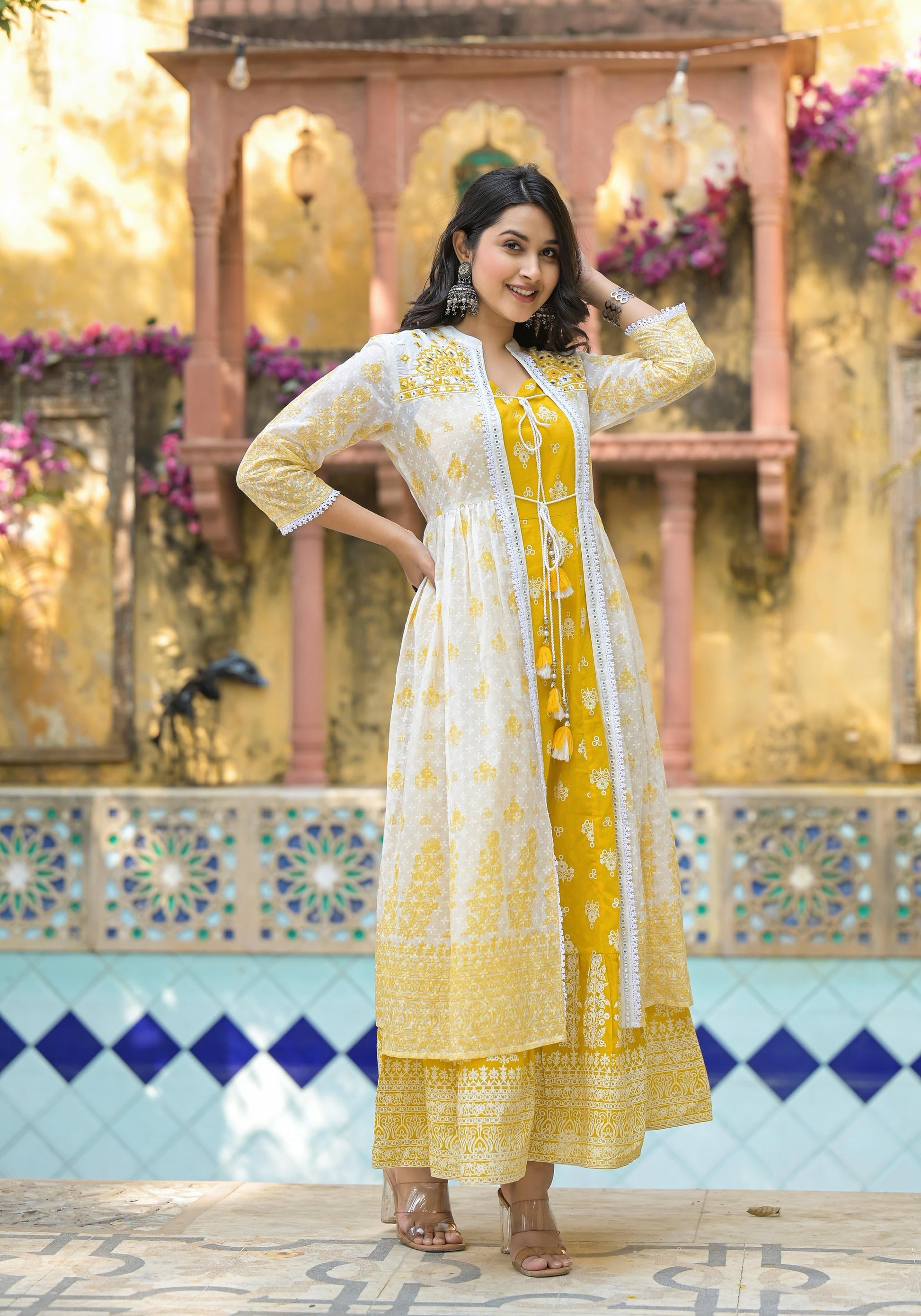 Juniper Women's Mustard Ethnic Motif Printed Cotton Kurta & Shrug With Doris