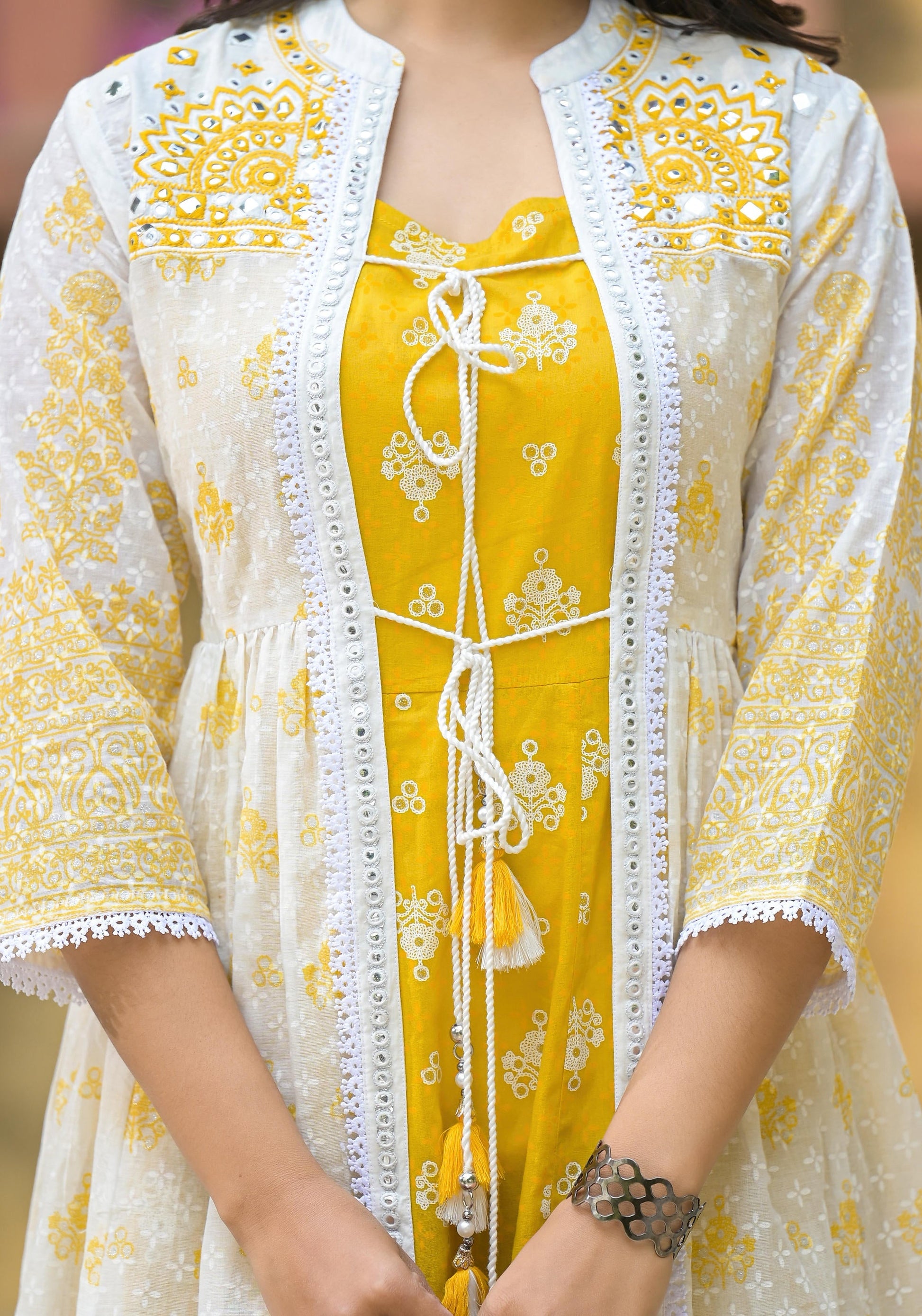 Juniper Women's Mustard Ethnic Motif Printed Cotton Kurta & Shrug With Doris