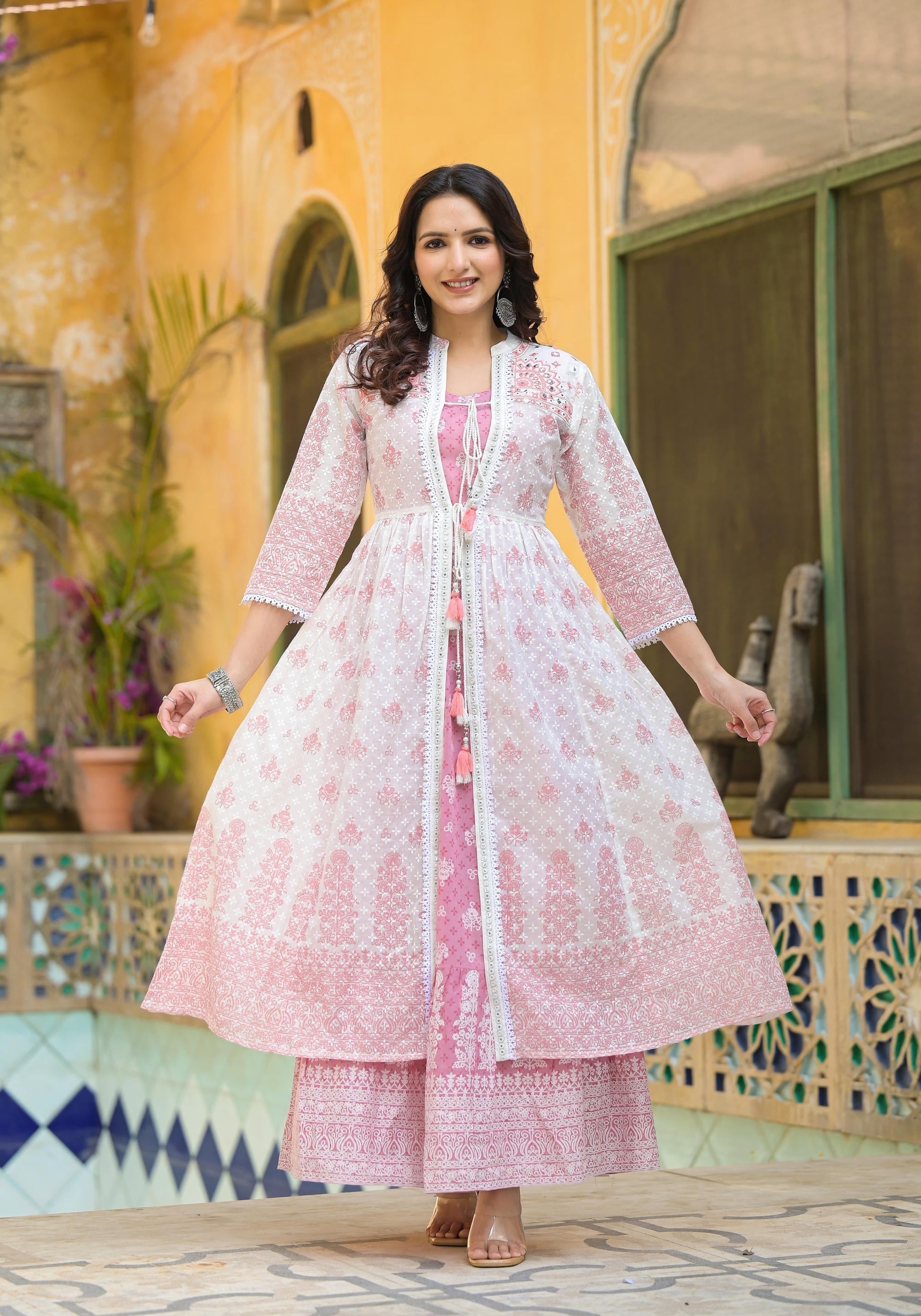 Juniper Women's Pink Ethnic Motif Printed Cotton Kurta & Shrug With Doris