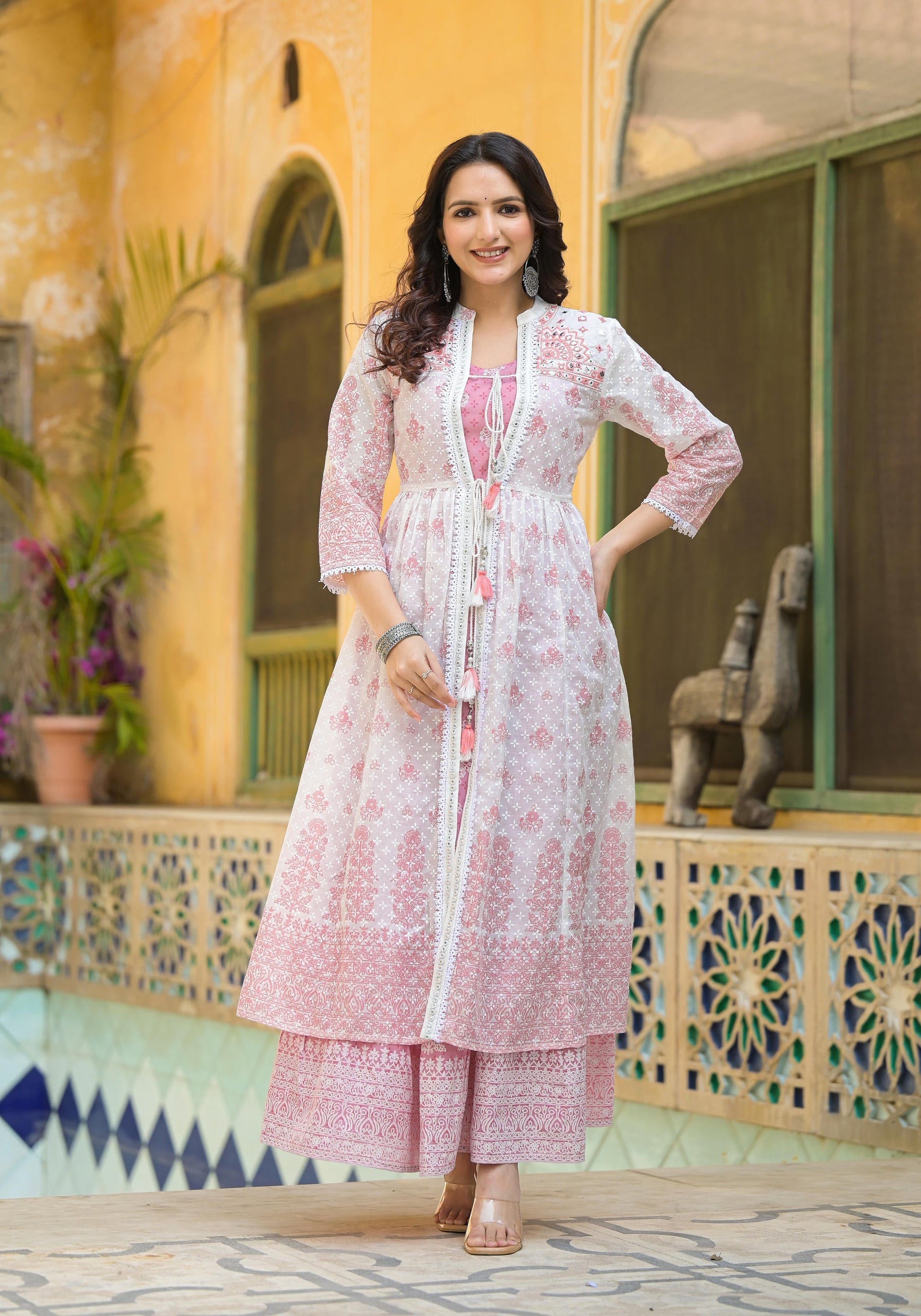 Juniper Women's Pink Ethnic Motif Printed Cotton Kurta & Shrug With Doris