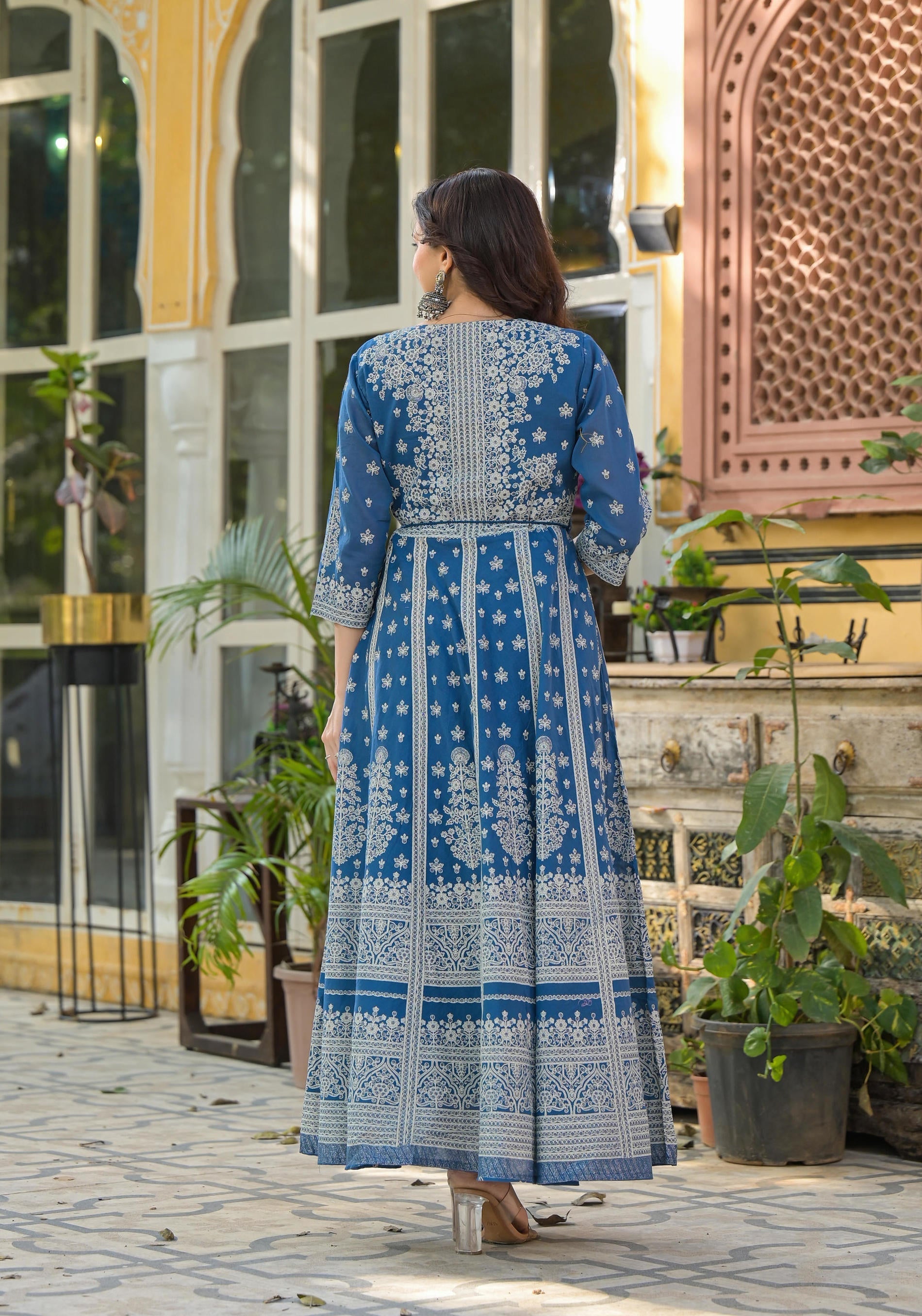 Juniper Indigo Ethnic Motif Printed Cotton Long Dress