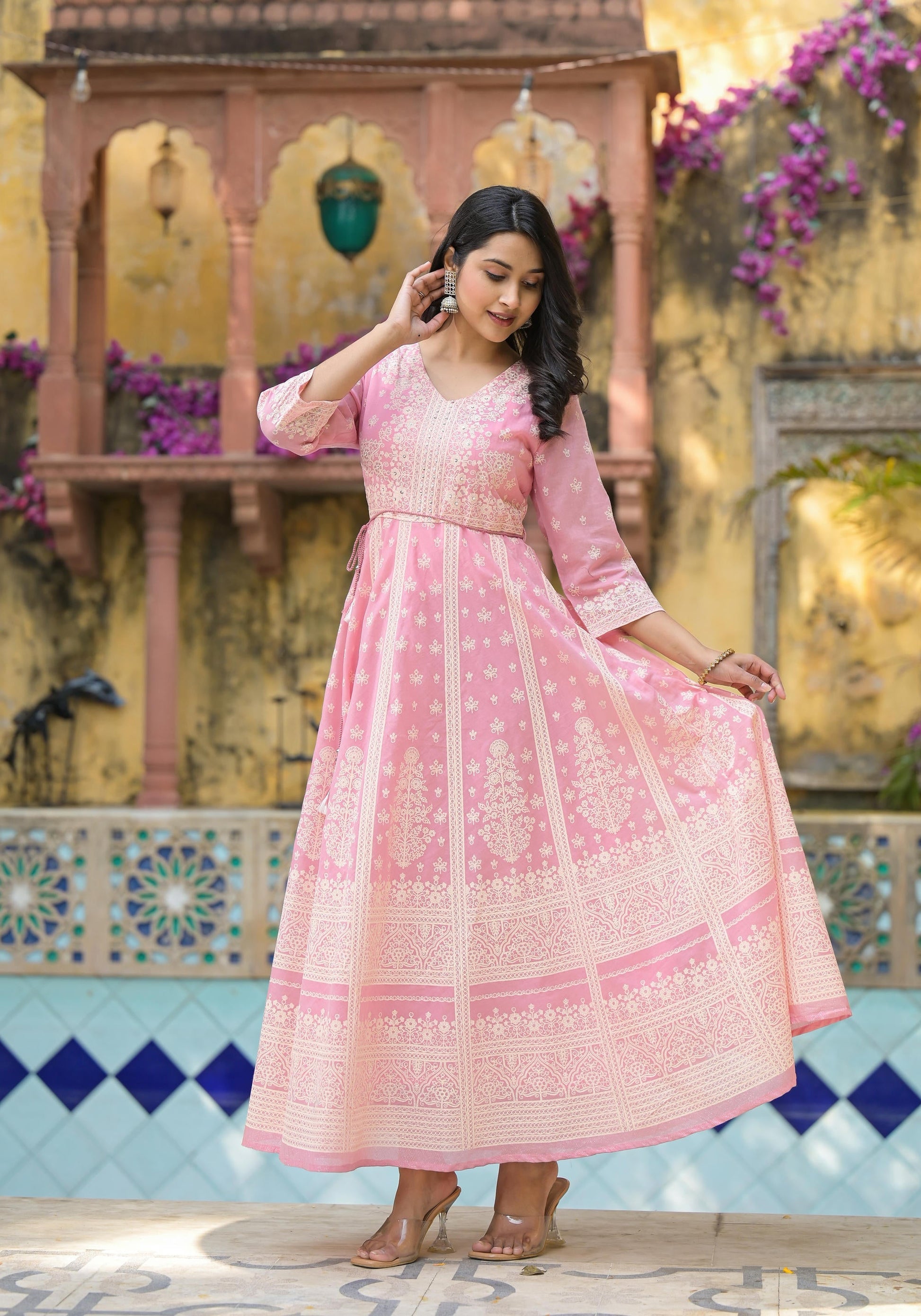 Juniper Onion Pink Anarkali Dress with Intricate White Print