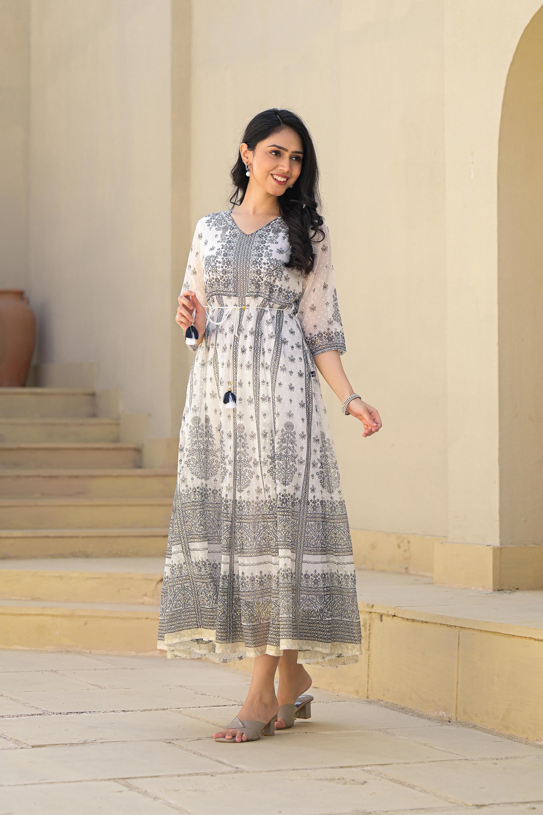 Juniper White Ethnic Motif Printed Chiffon Long Dress With Dori