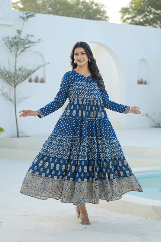 Juniper Indigo Ethnic Motif Printed Cotton Long Dress With Sequins & Thread Work