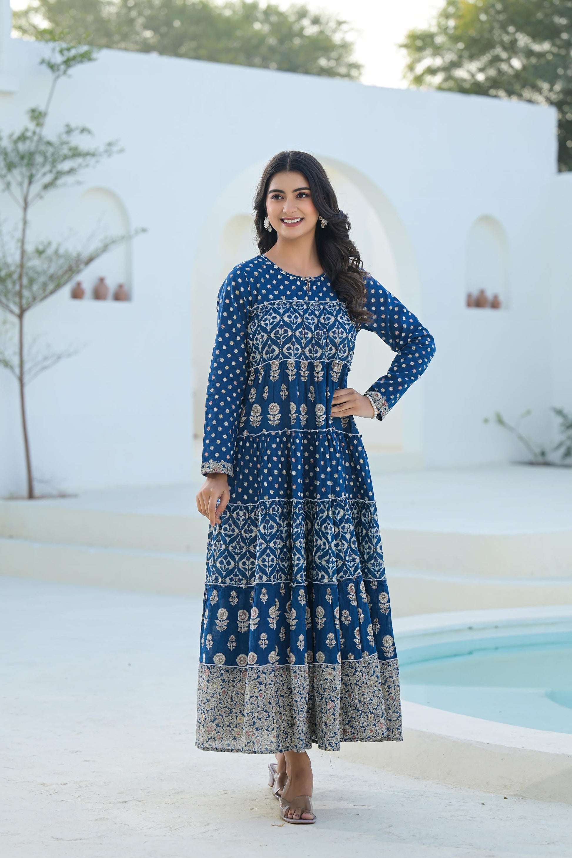 Juniper Indigo Ethnic Motif Printed Cotton Long Dress With Sequins & Thread Work