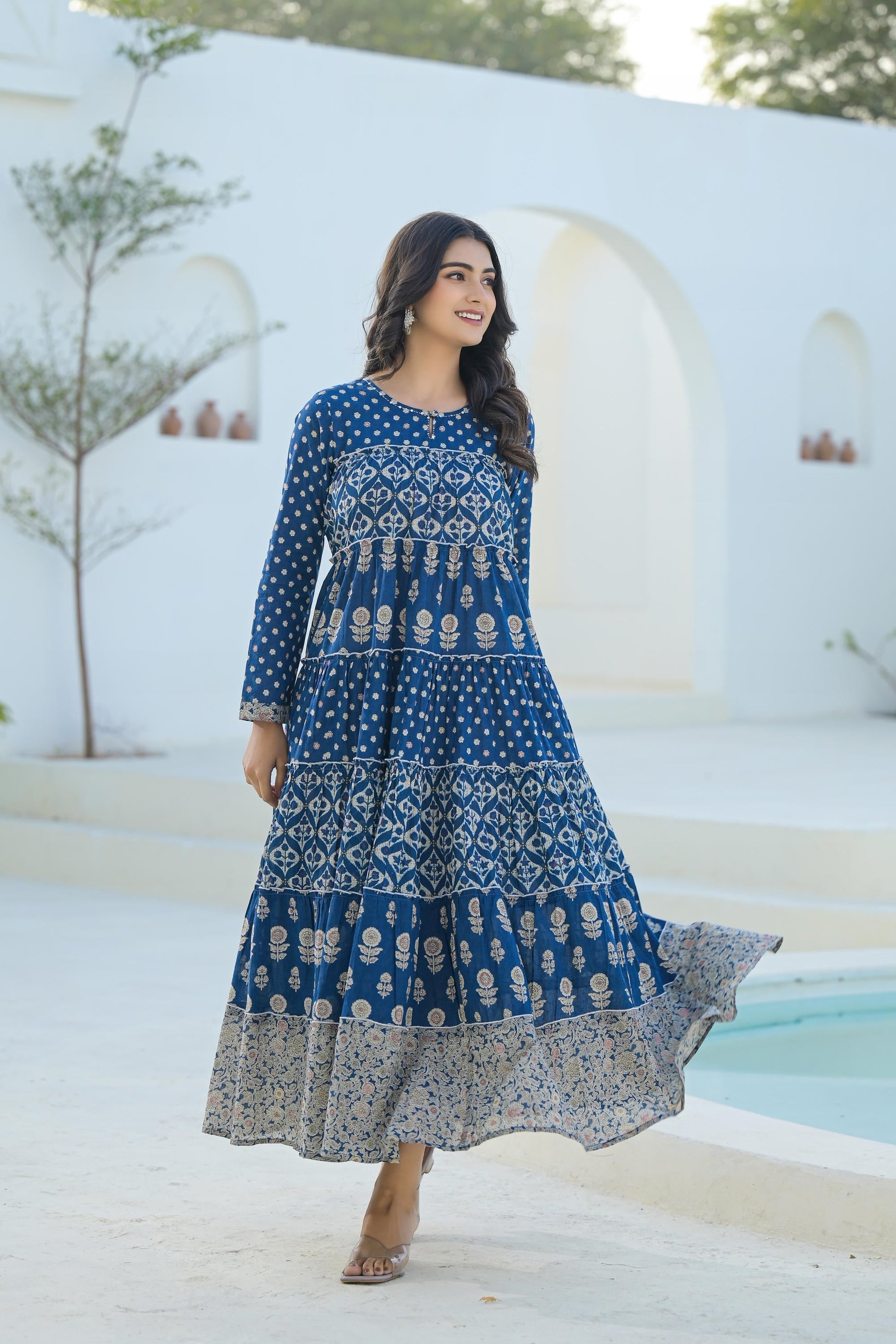Juniper Indigo Ethnic Motif Printed Cotton Long Dress With Sequins & Thread Work