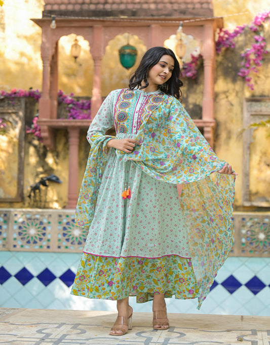 Juniper Mint Green Floral Long Dress With Dupatta
