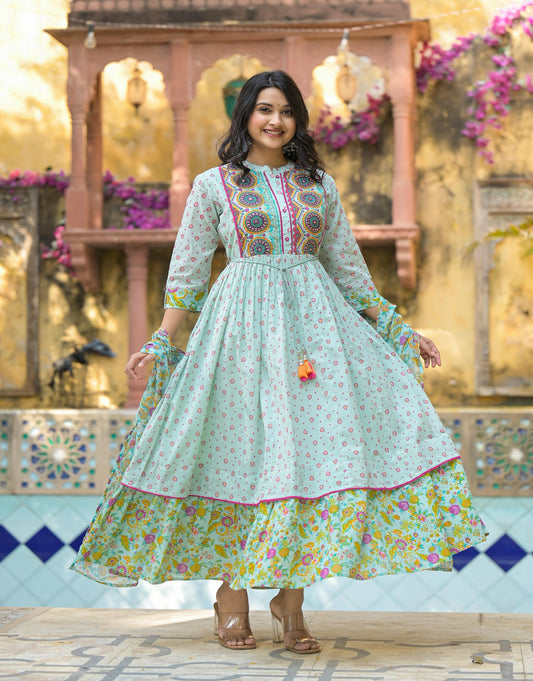Juniper Mint Green Floral Long Dress With Dupatta