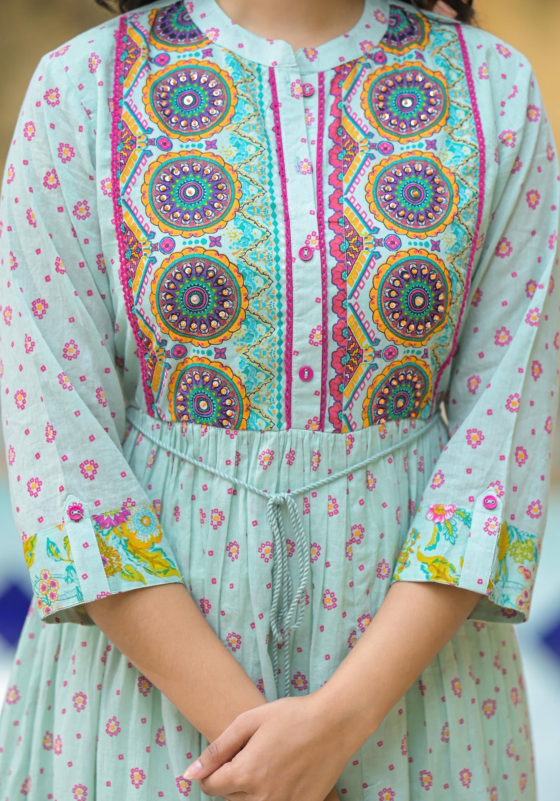 Juniper Mint Green Floral Long Dress With Dupatta