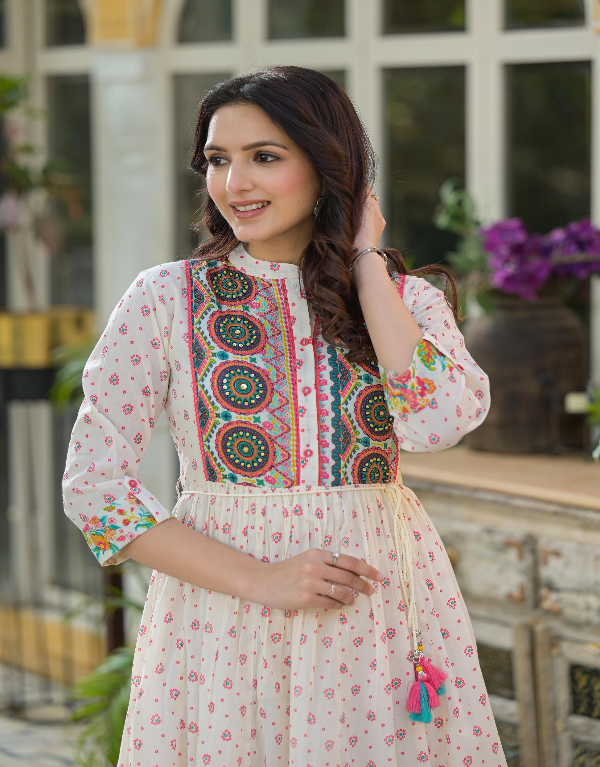 Juniper Off White Floral Long Dress With Dupatta
