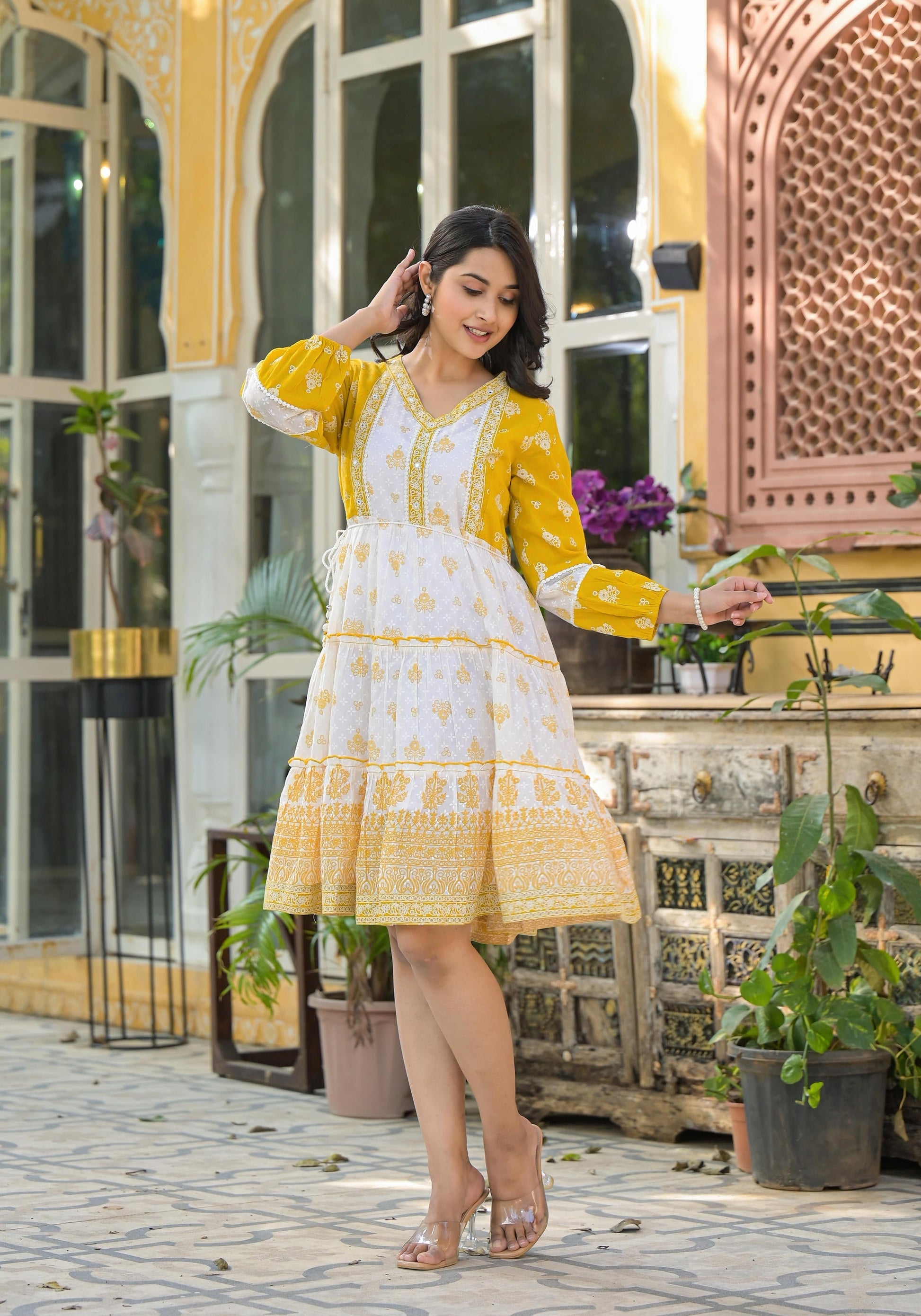 Juniper Mustard Ethnic Motif Printed Cotton Short Dress With Mirror Work & Lace