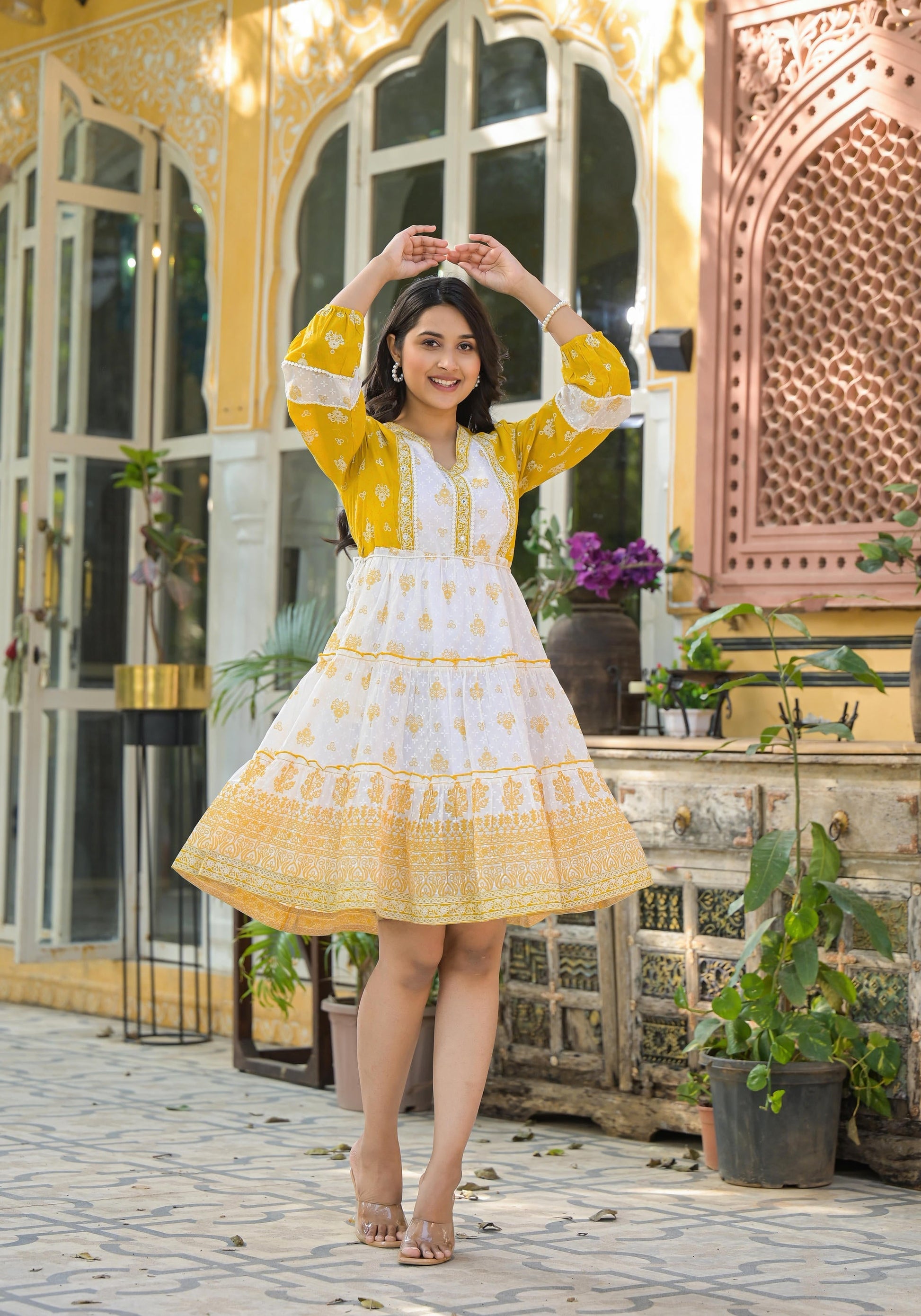 Juniper Mustard Ethnic Motif Printed Cotton Short Dress With Mirror Work & Lace